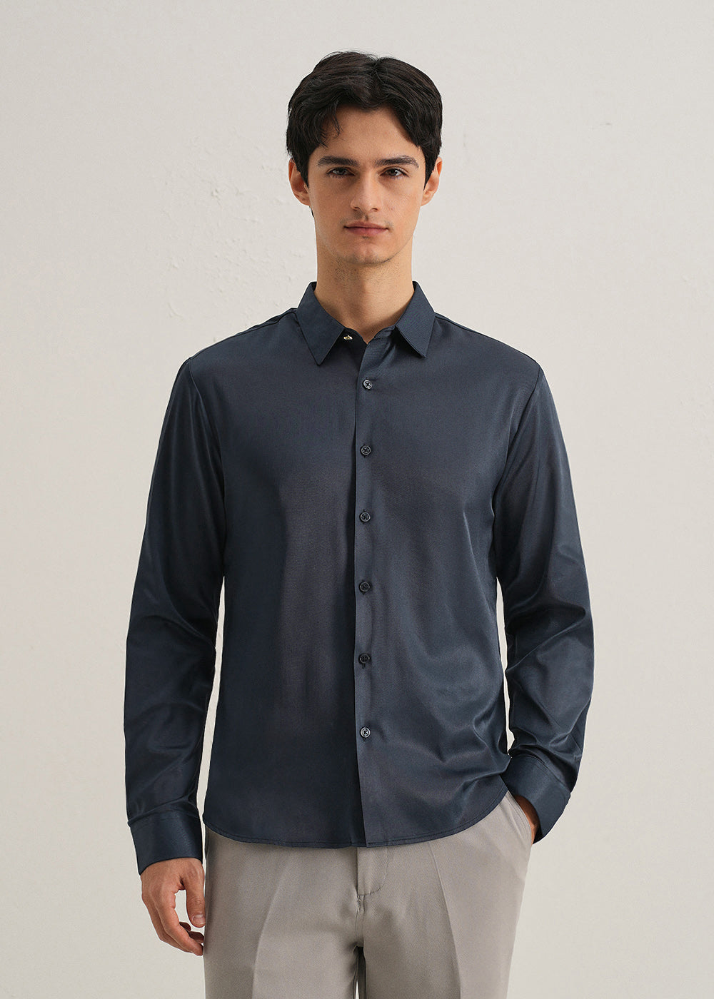 Navy Blue Plain Stitchless Placket Shirt
