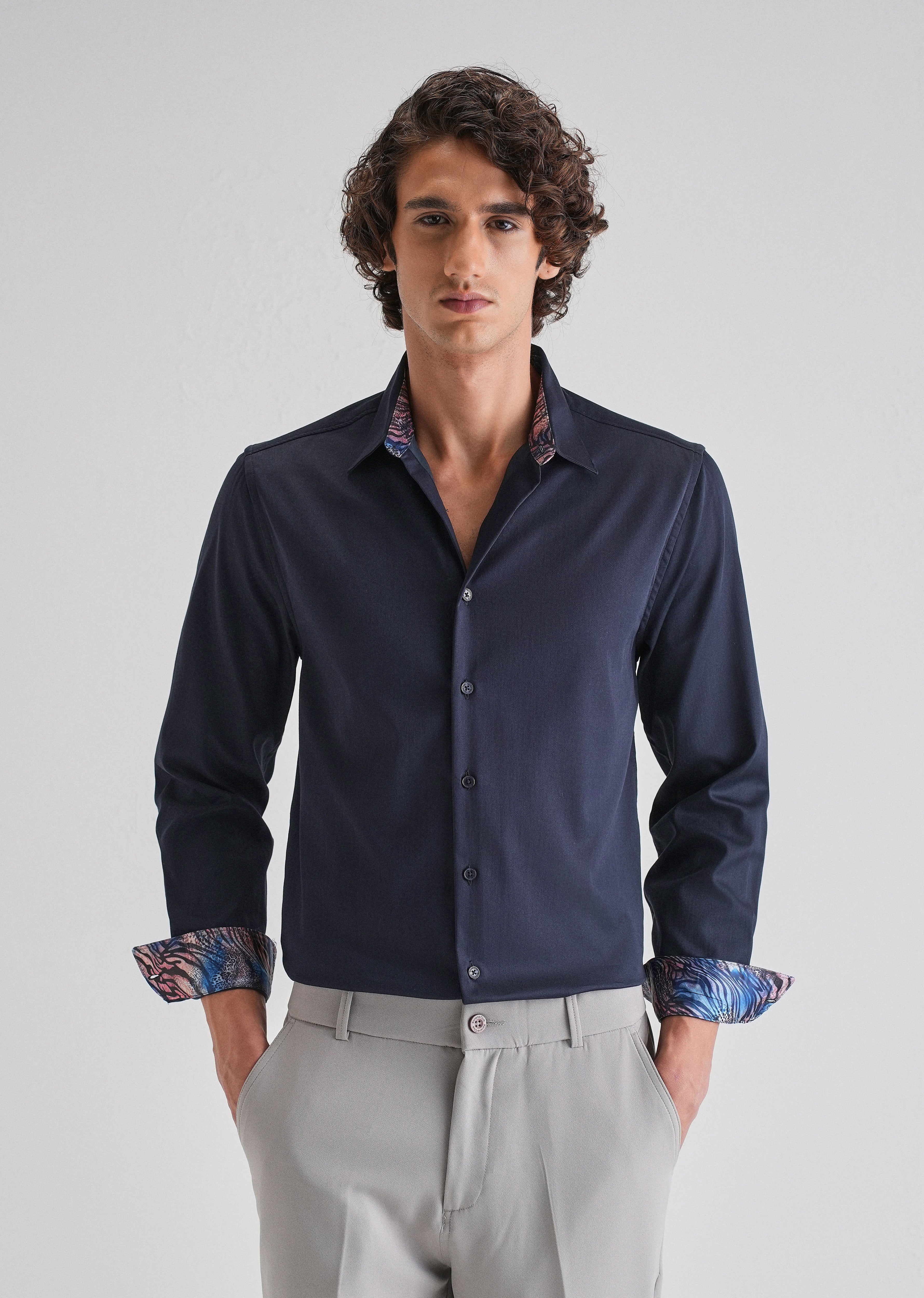 Navy Blue Printed Cuff Shirt