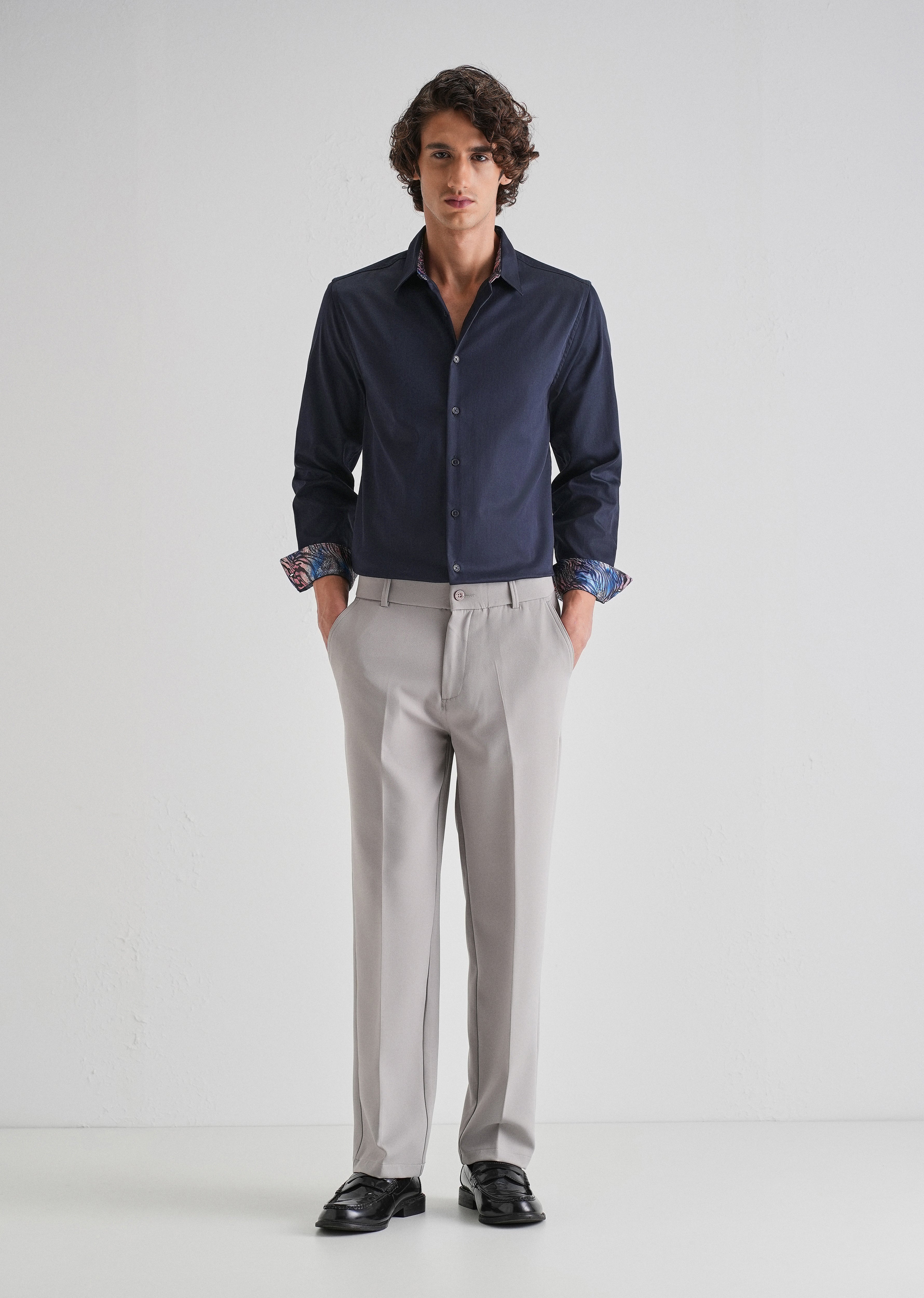 Navy Blue Printed Cuff Shirt
