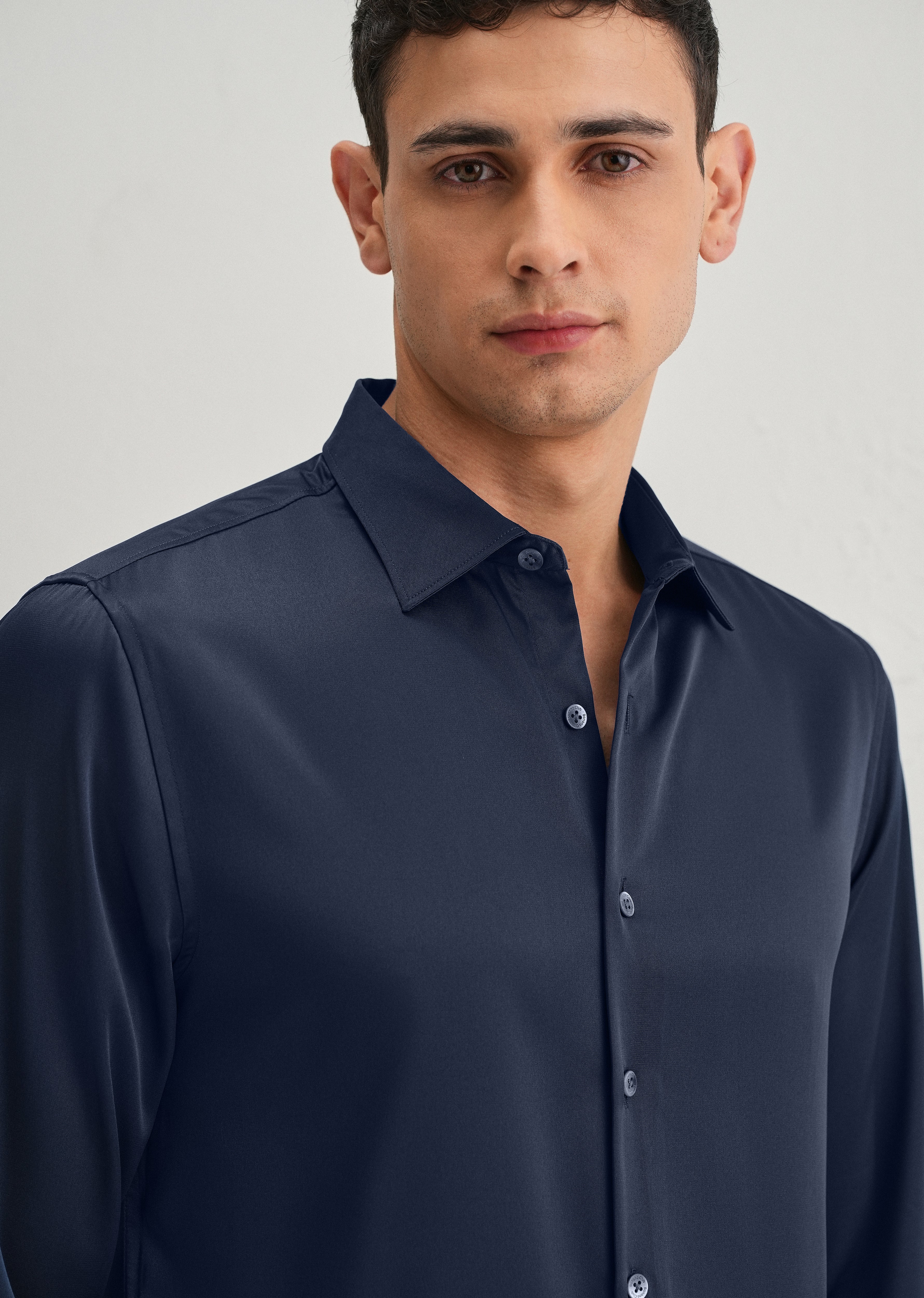 Navy Blue Satin-Finish Plain Shirt