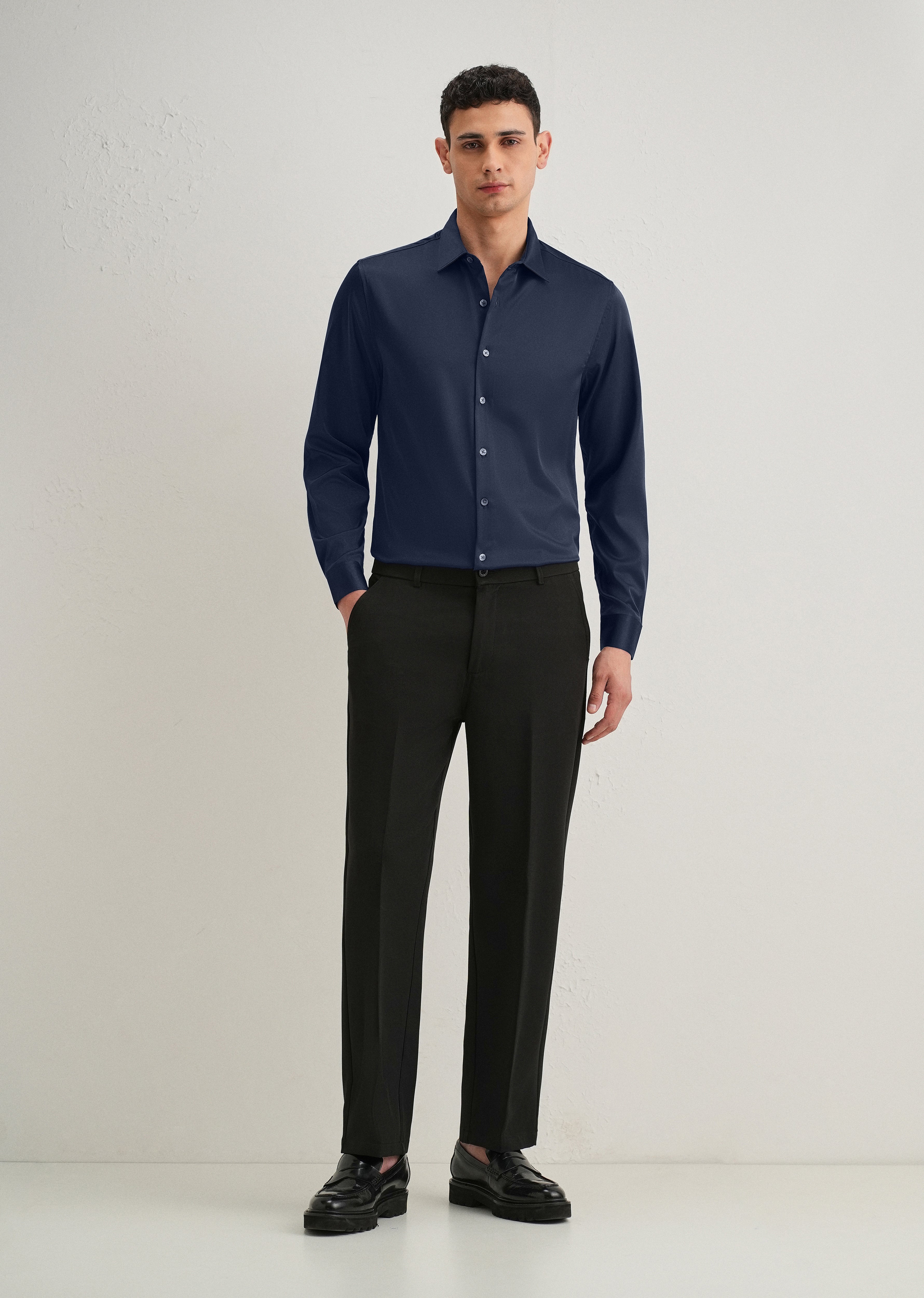 Navy Blue Satin-Finish Plain Shirt