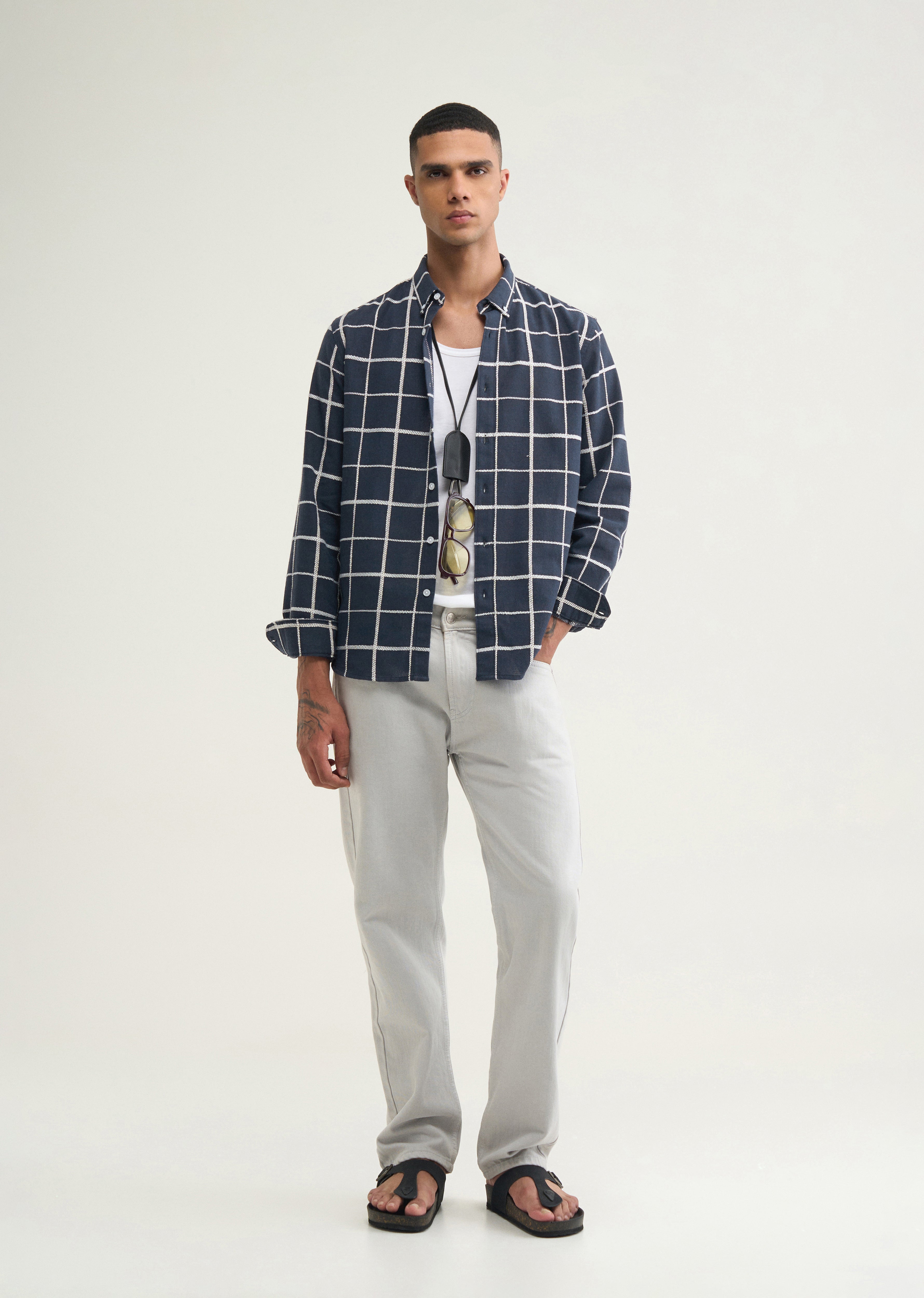 Navy Blue Self Checked Shirt