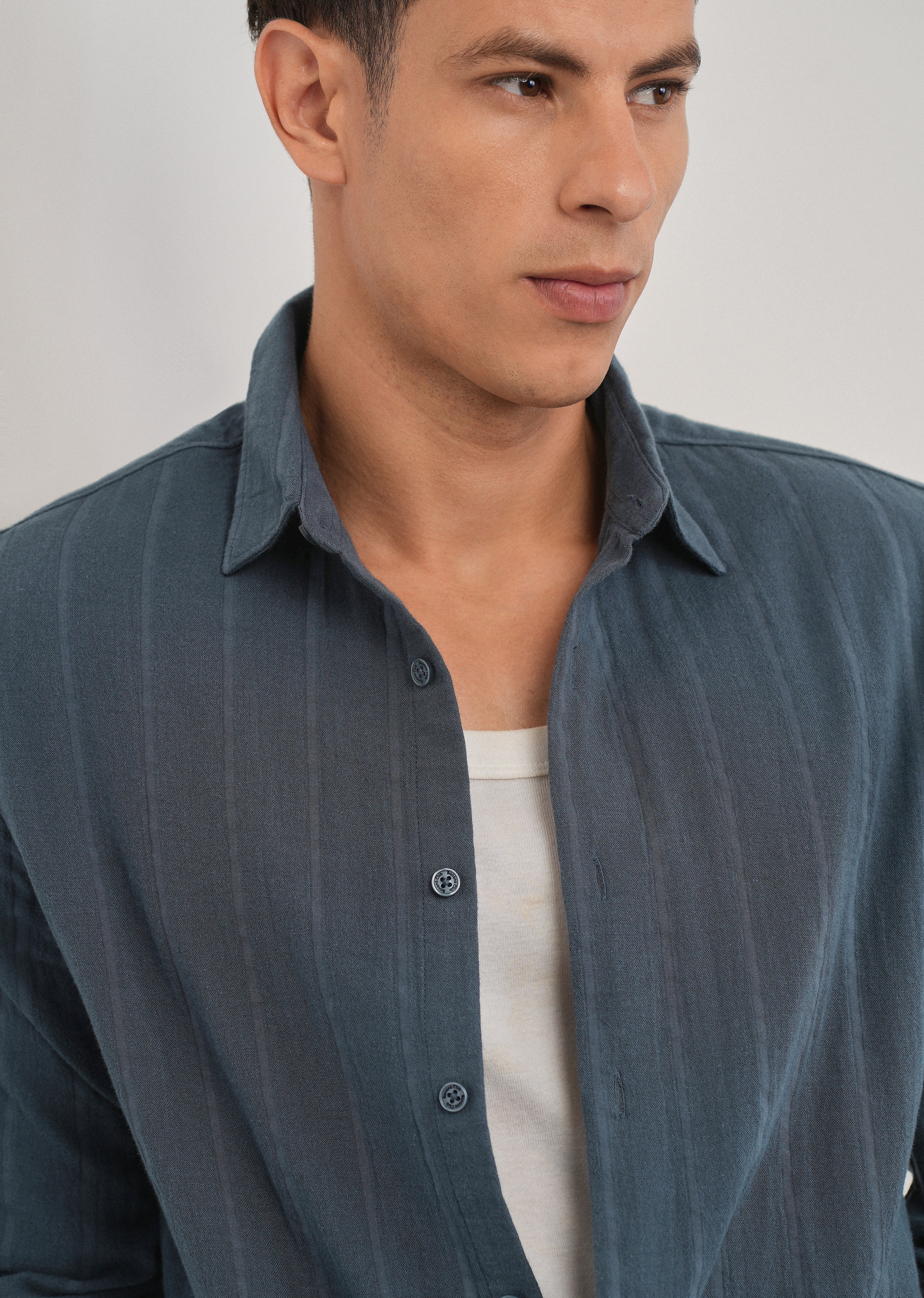 Navy Blue Self Striped Cotton Shirt