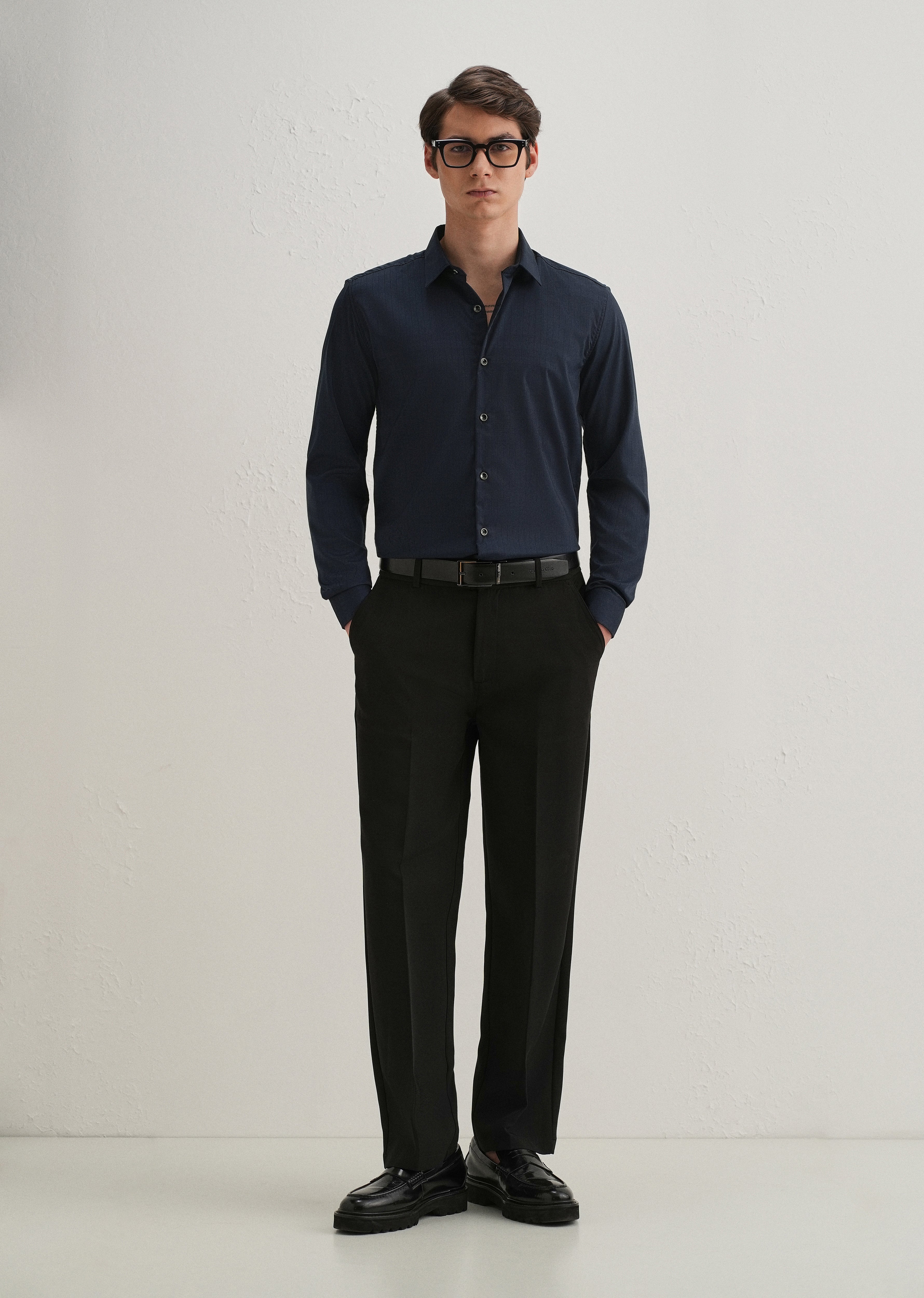 Navy Blue Self Striped Plain Shirt