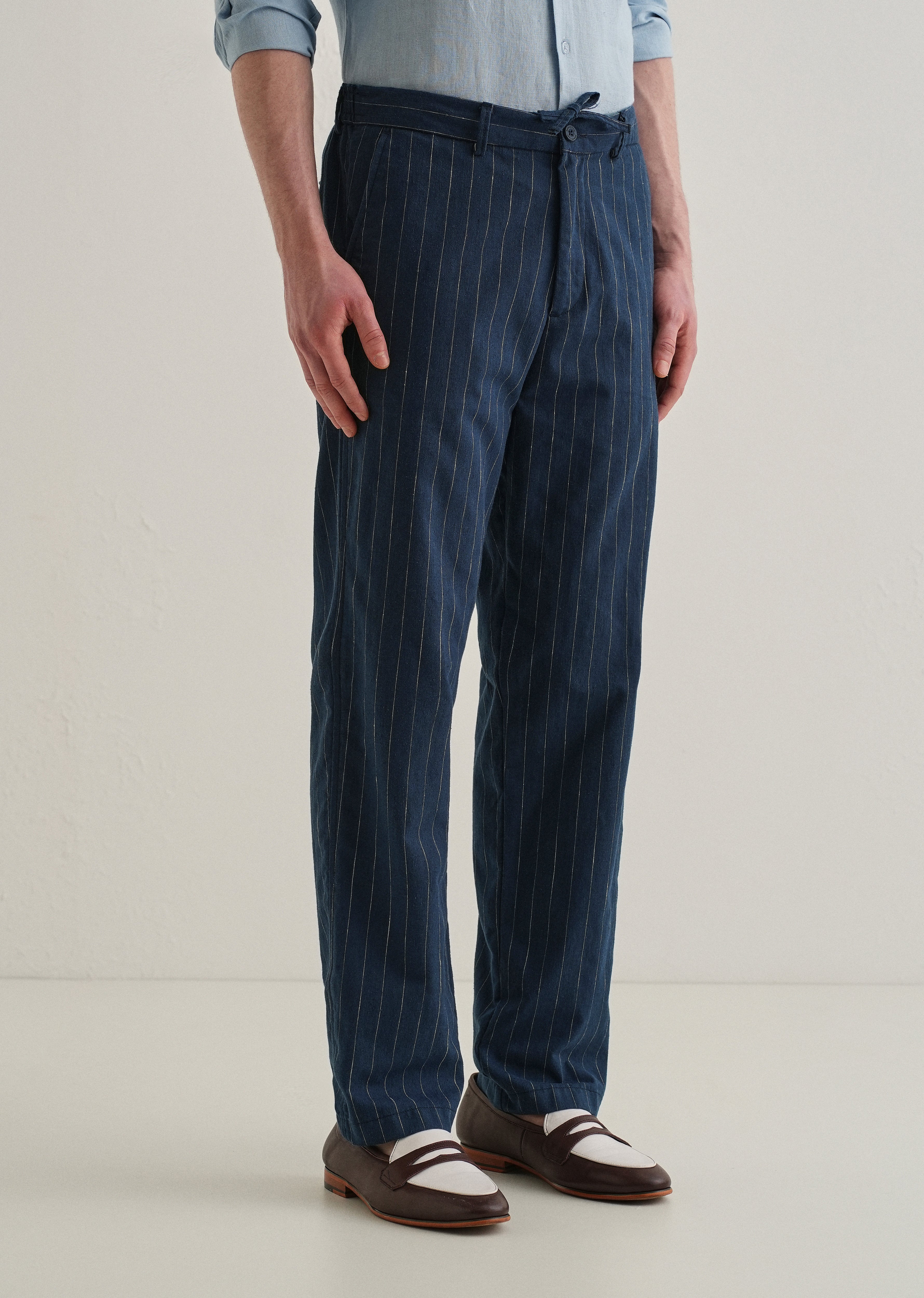 Navy Blue Stripe Relaxed Linen Trouser