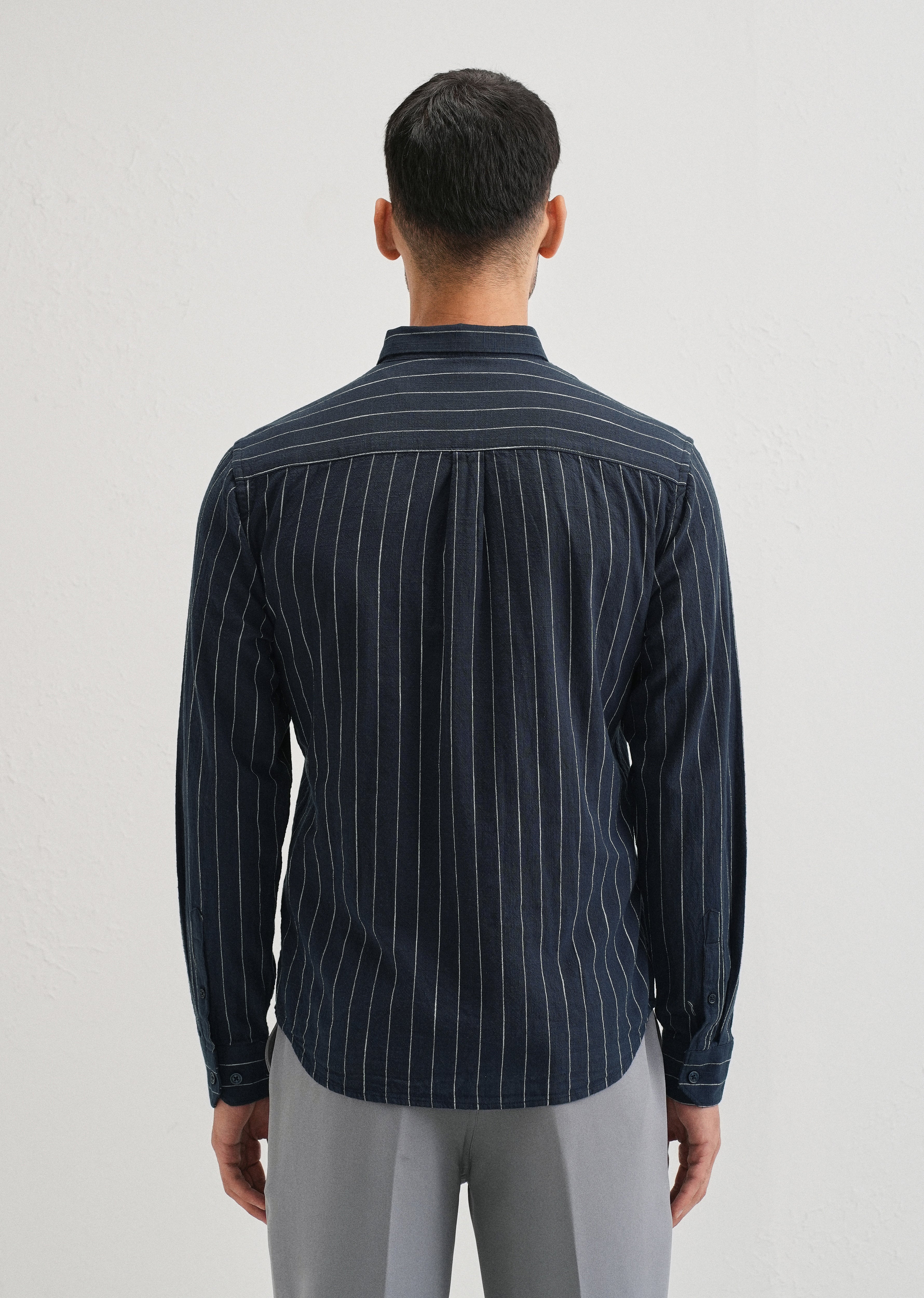 Navy Blue Striped Cotton Linen Shirt