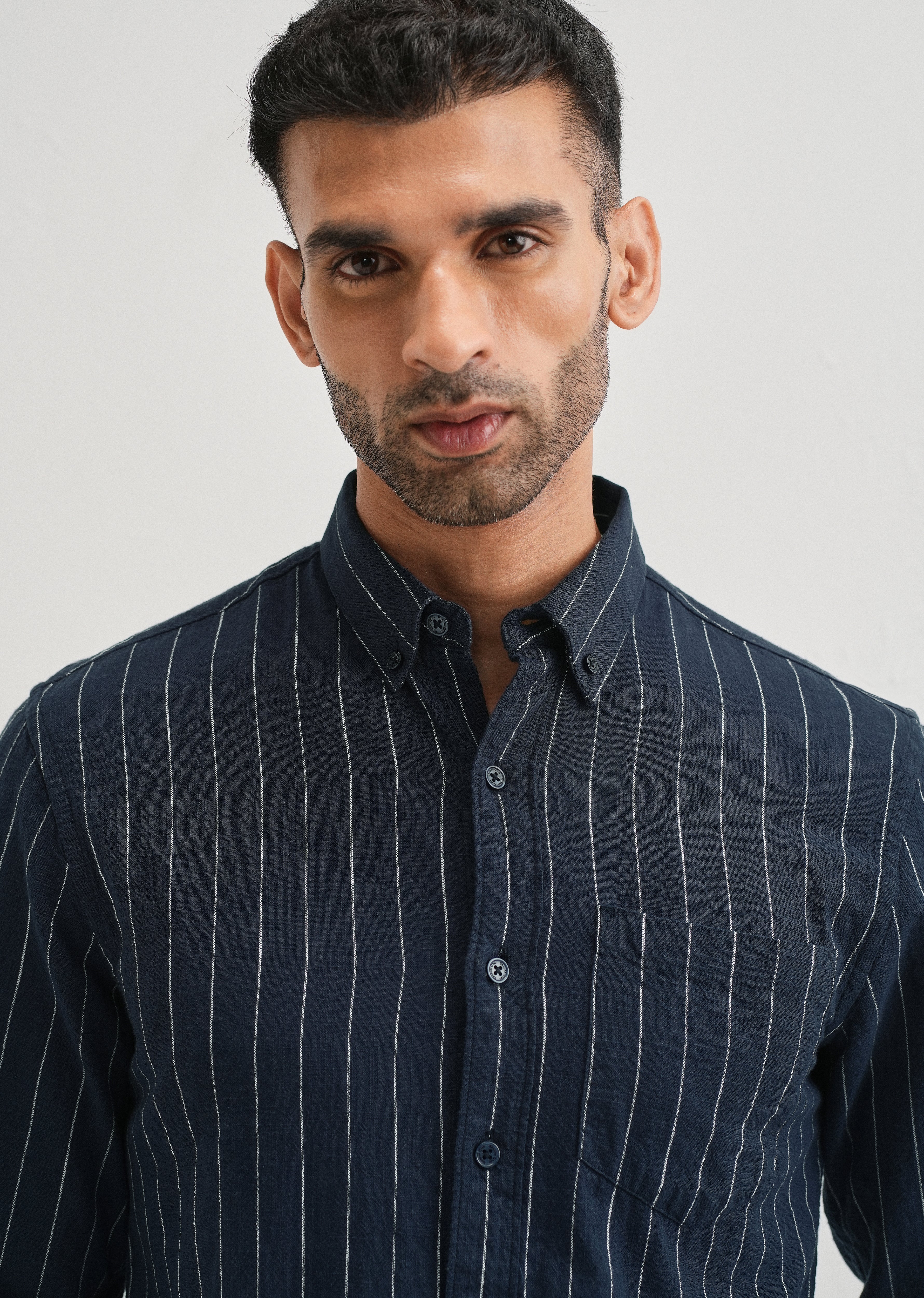 Navy Blue Striped Cotton Linen Shirt