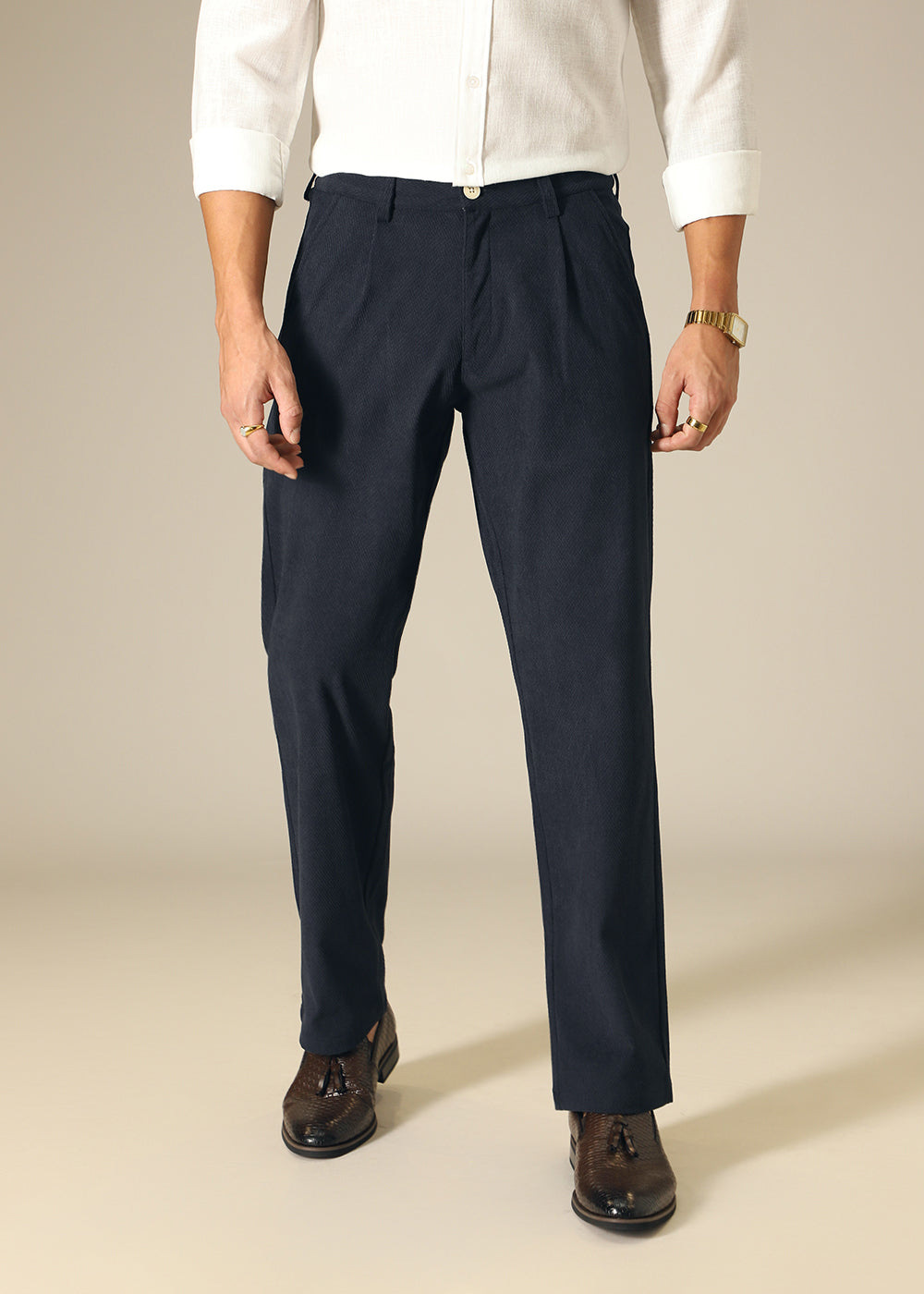 Navy Blue Textured Corduroy Pant