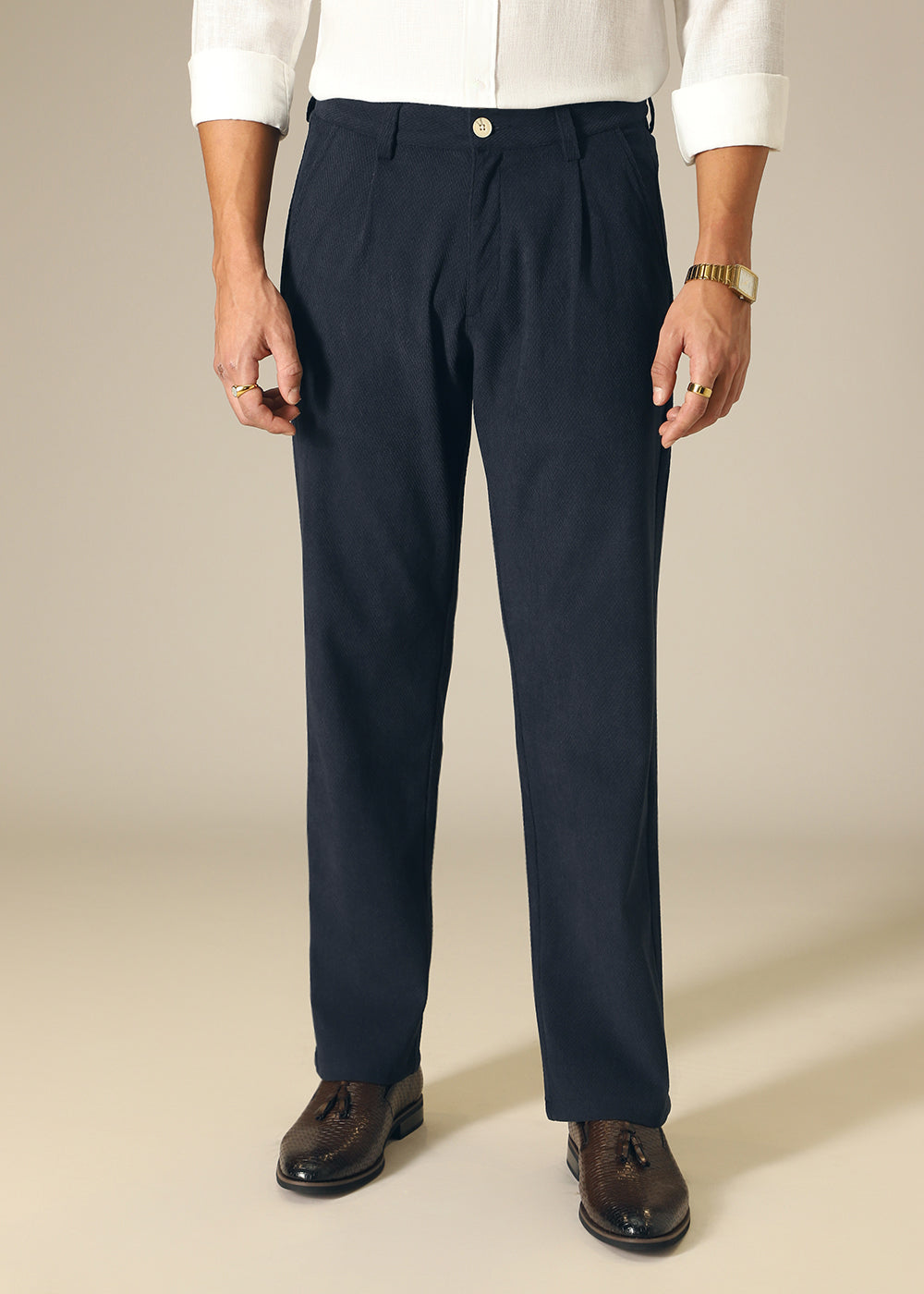 Navy Blue Textured Corduroy Pant