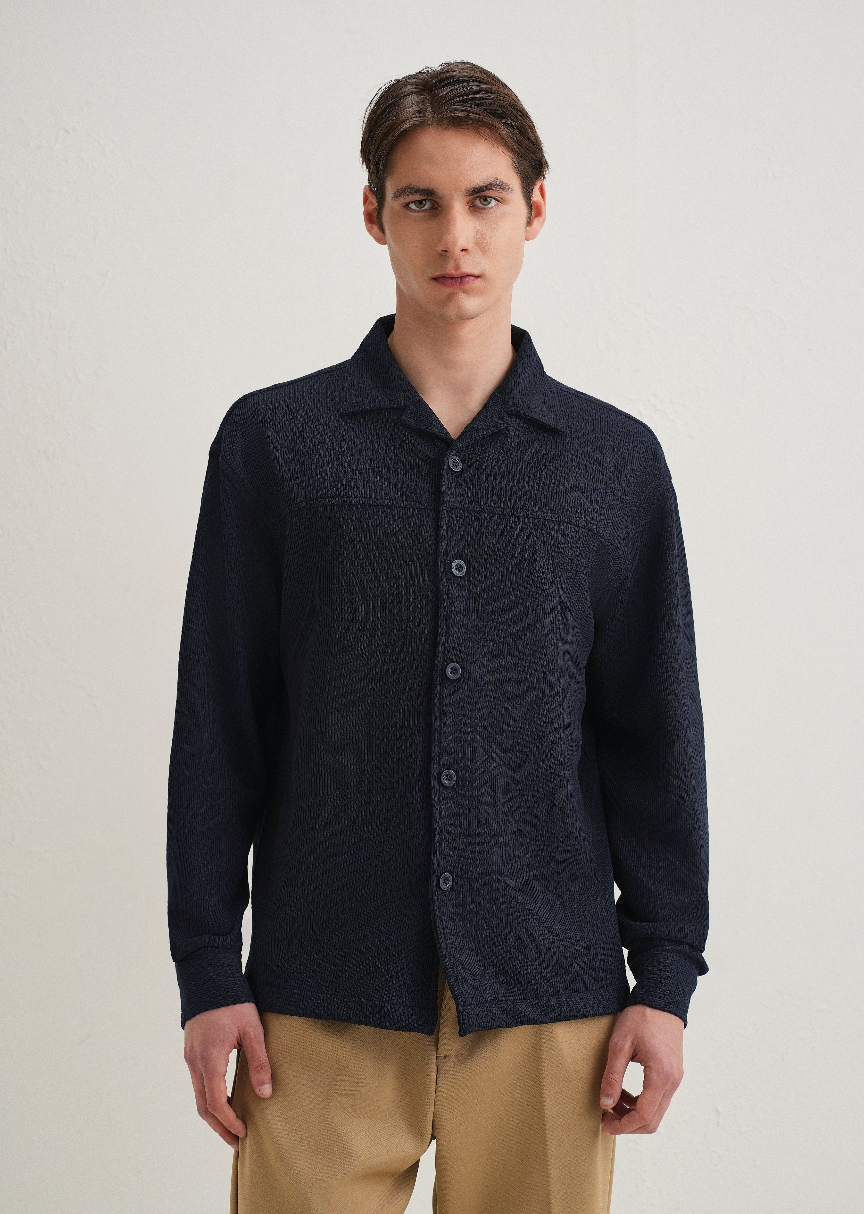 Navy Blue Textured Knit Shacket