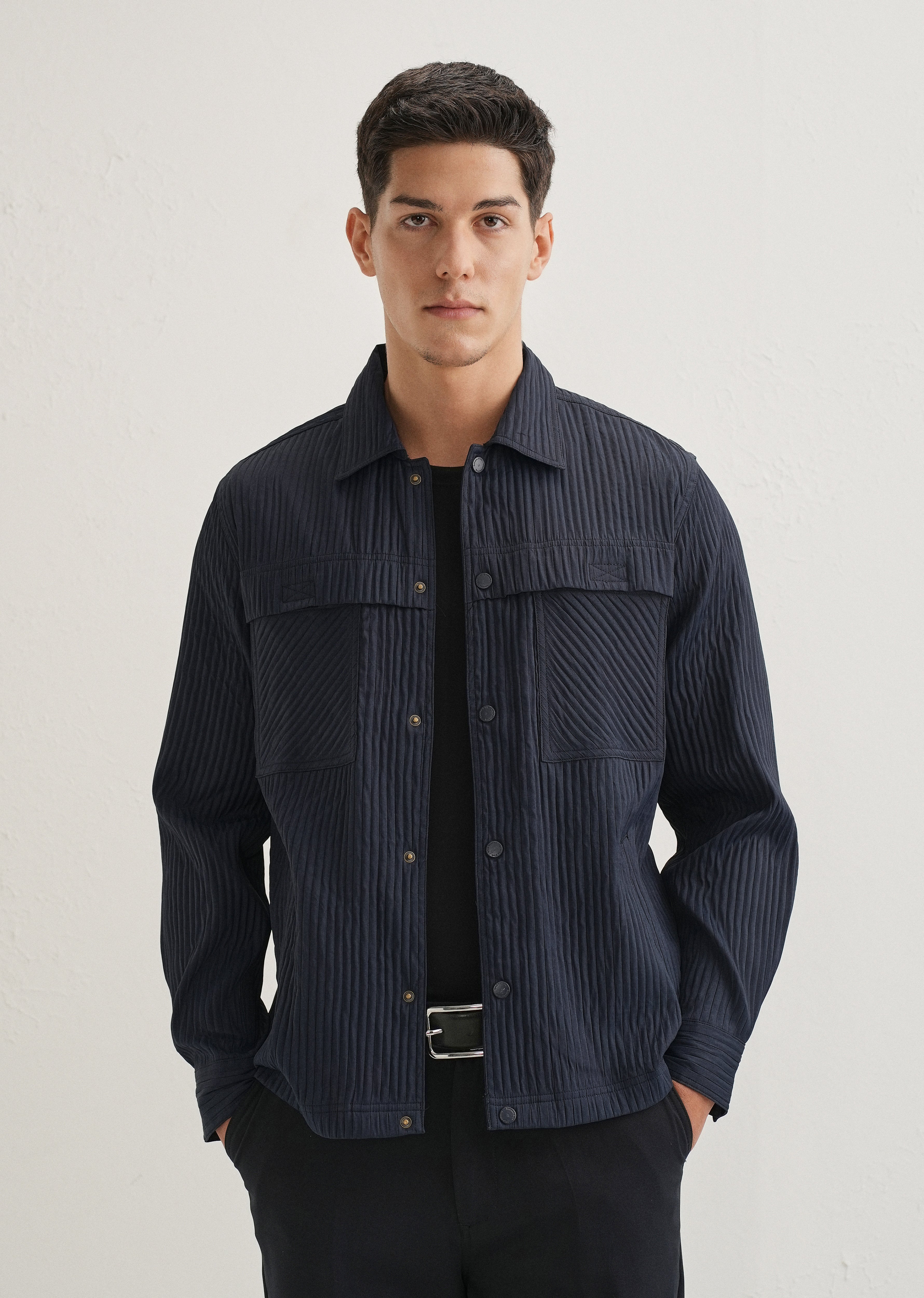 Navy Blue Textured Utility Shacket