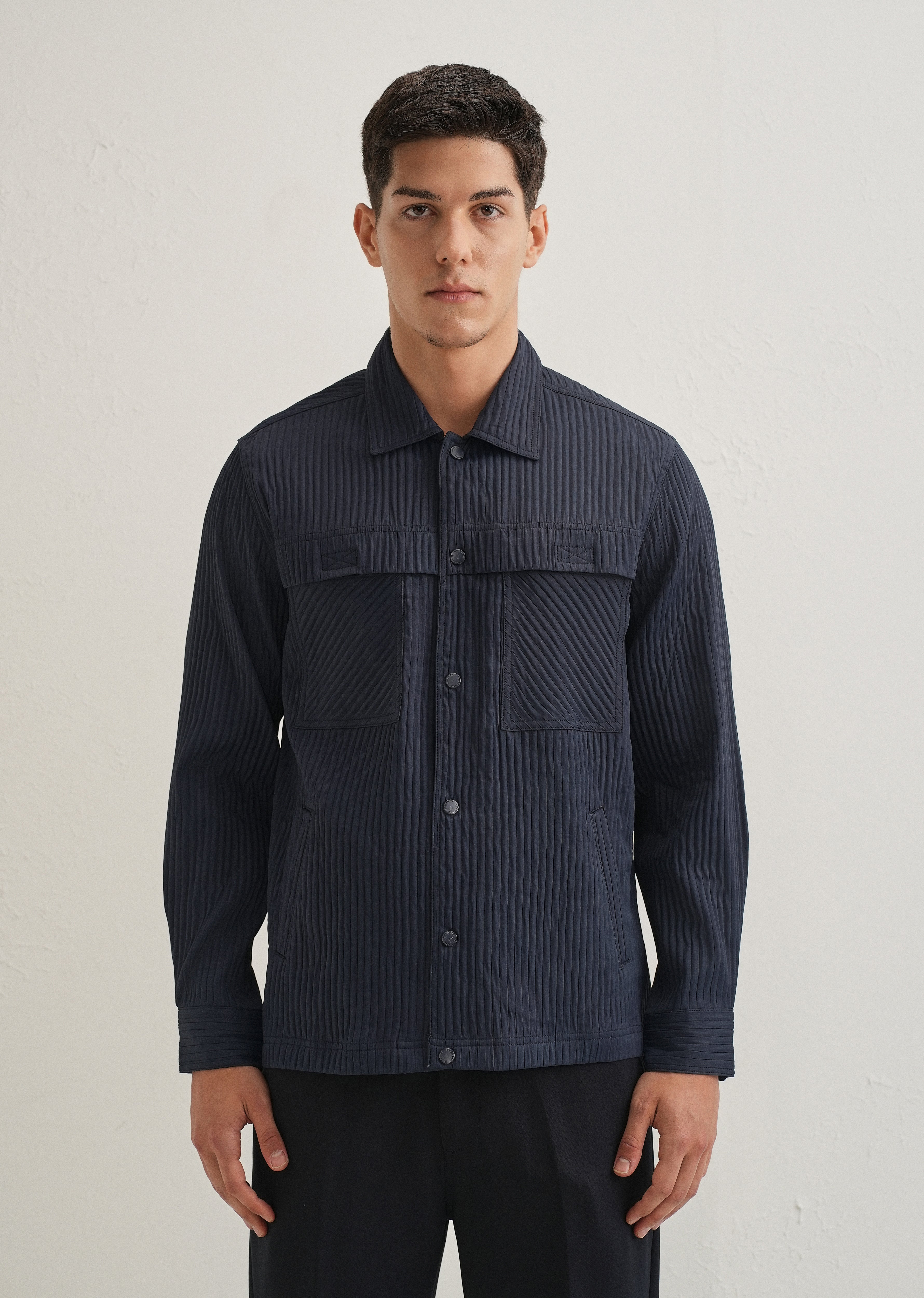 Navy Blue Textured Utility Shacket