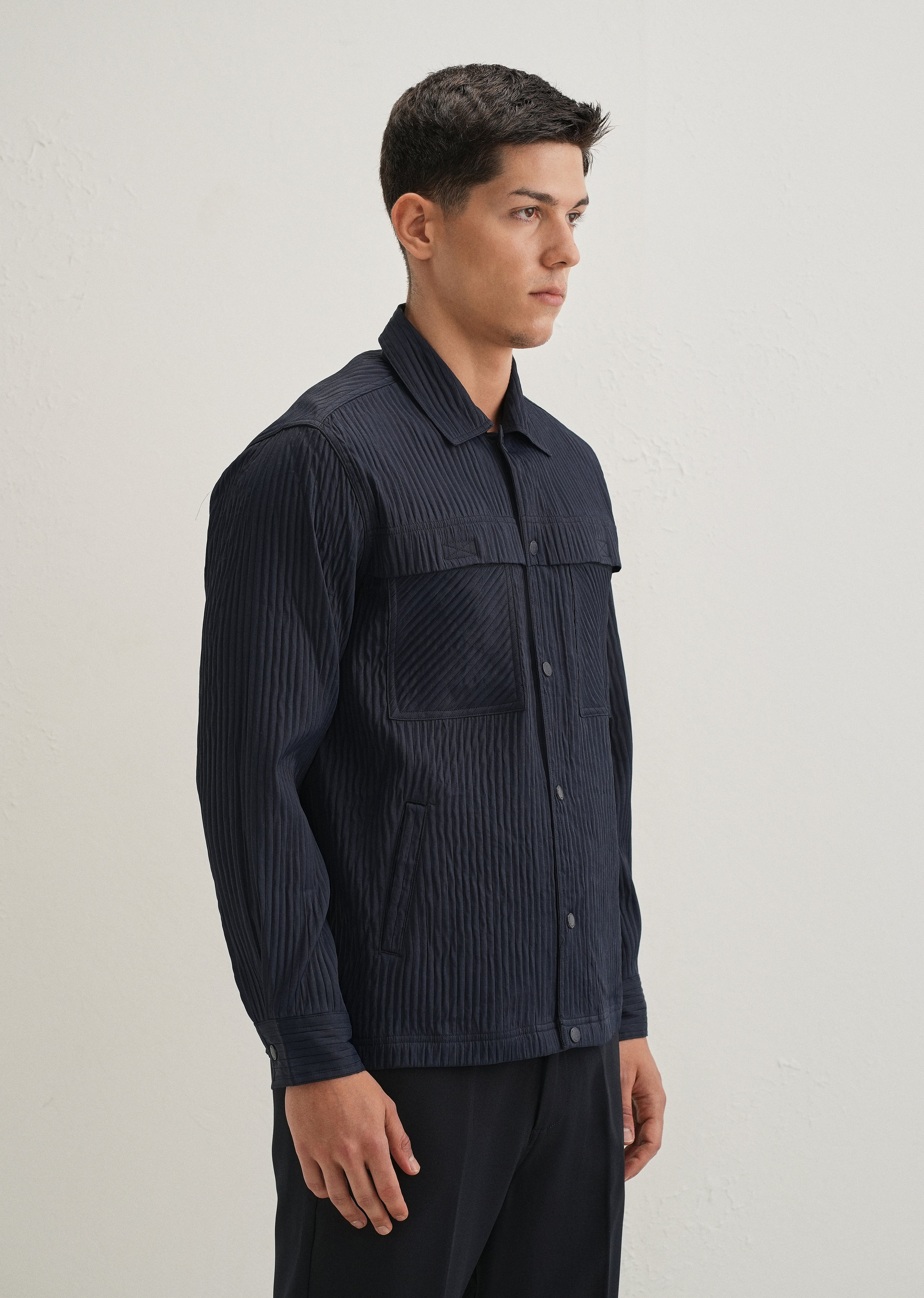 Navy Blue Textured Utility Shacket