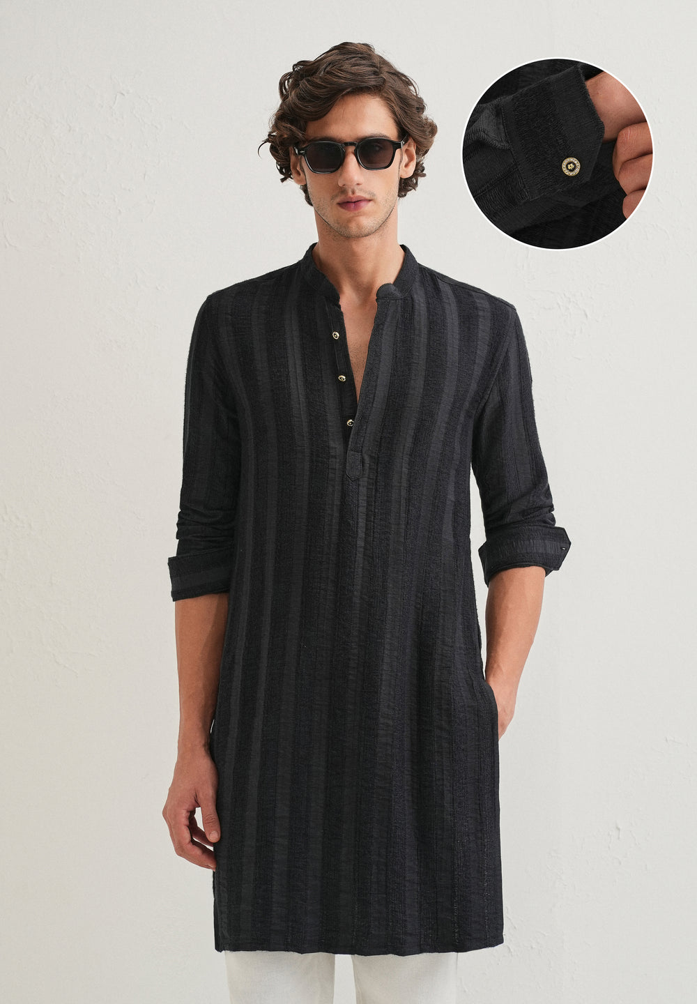 Navy Blue Textured Vertical Stripe Kurta
