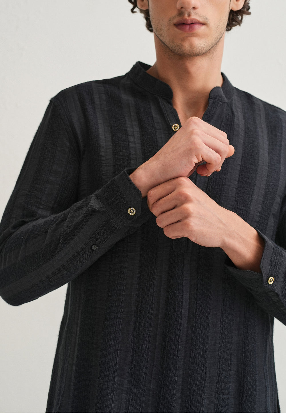 Navy Blue Textured Vertical Stripe Kurta