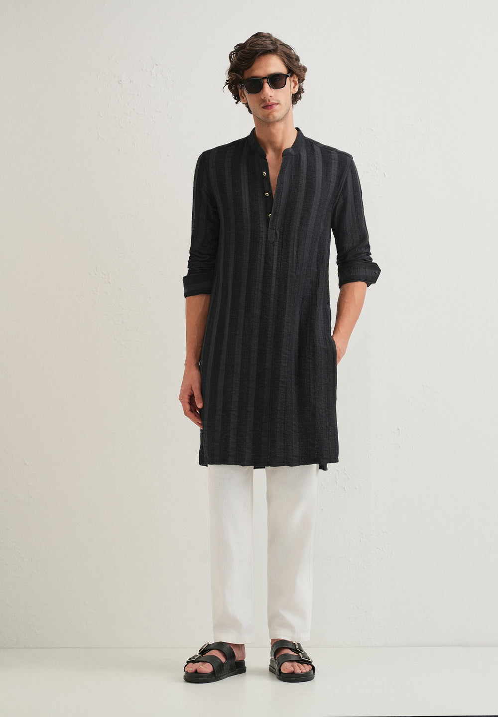 Navy Blue Textured Vertical Stripe Kurta