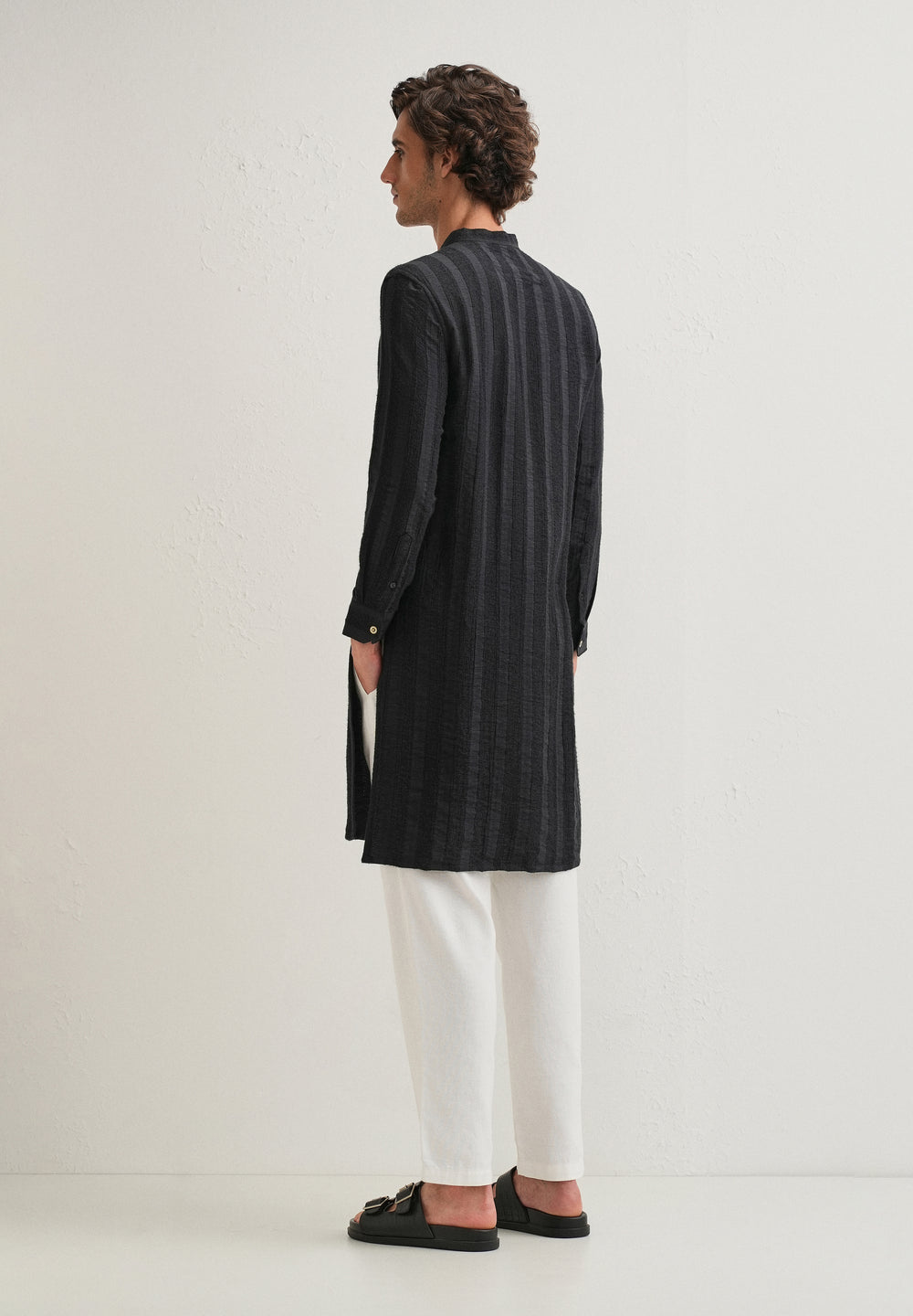 Navy Blue Textured Vertical Stripe Kurta