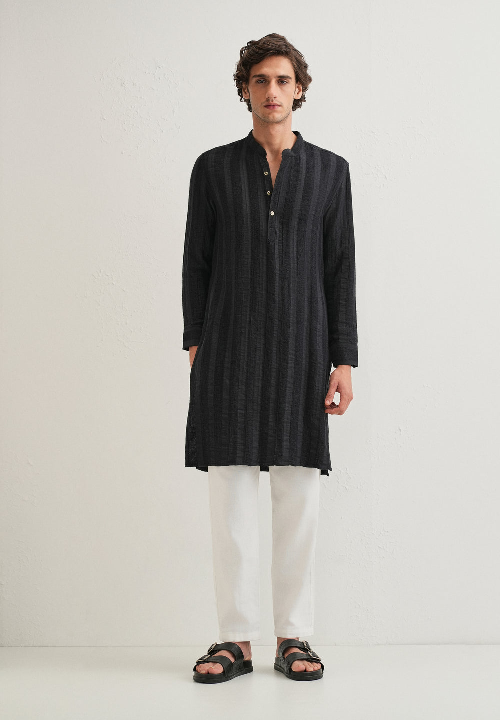 Navy Blue Textured Vertical Stripe Kurta