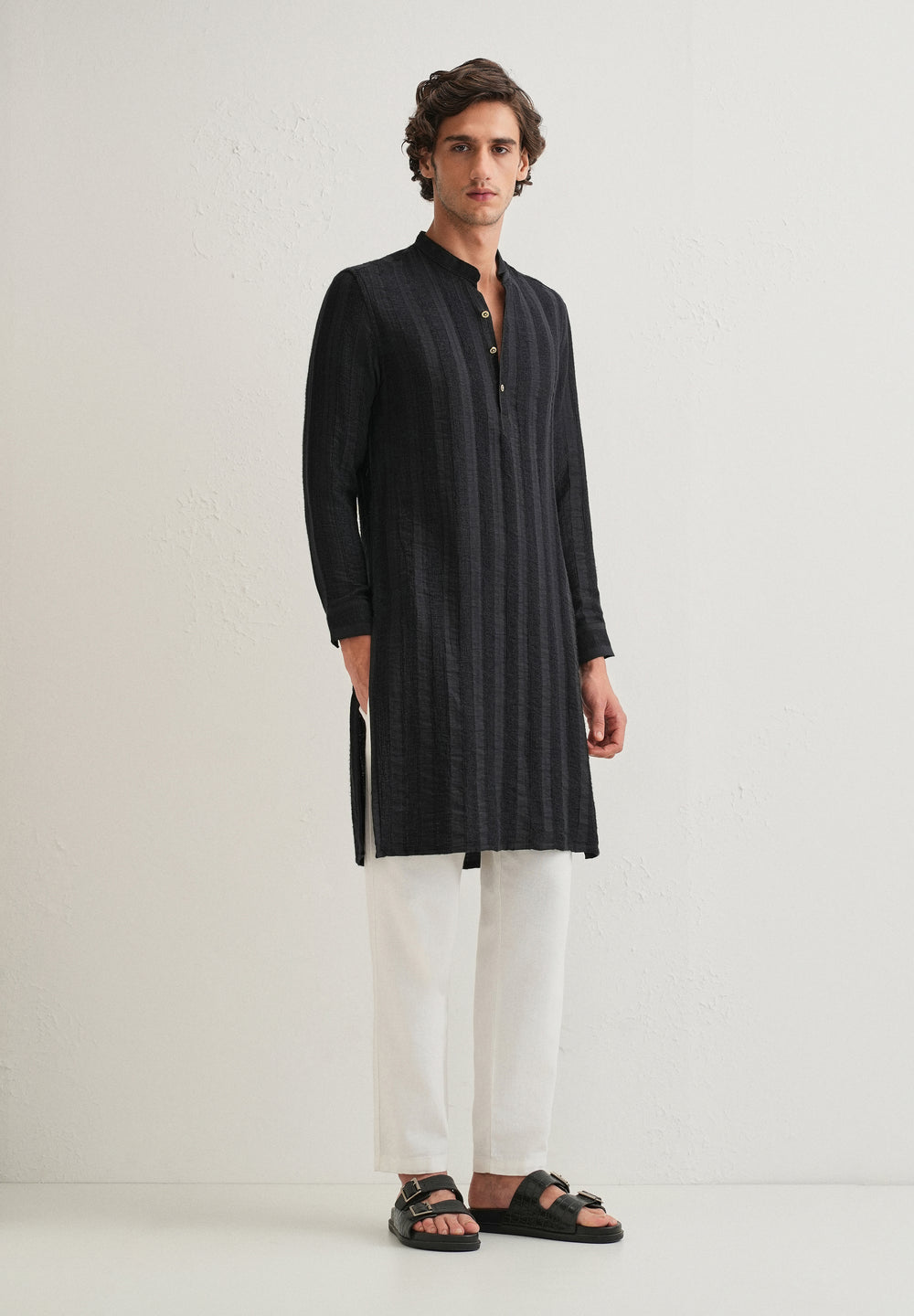Navy Blue Textured Vertical Stripe Kurta