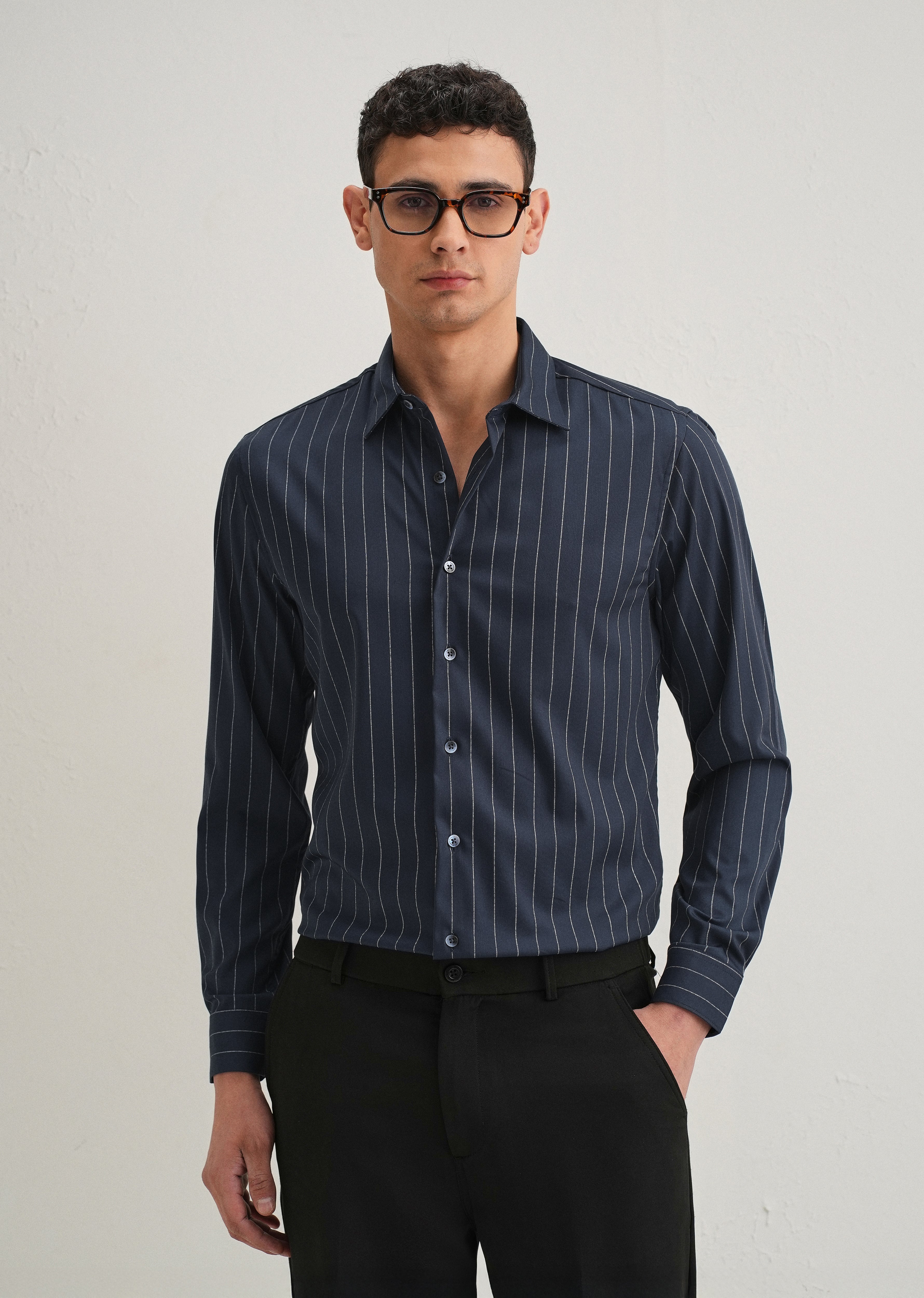 Navy Blue Vertical Stripe Shirt