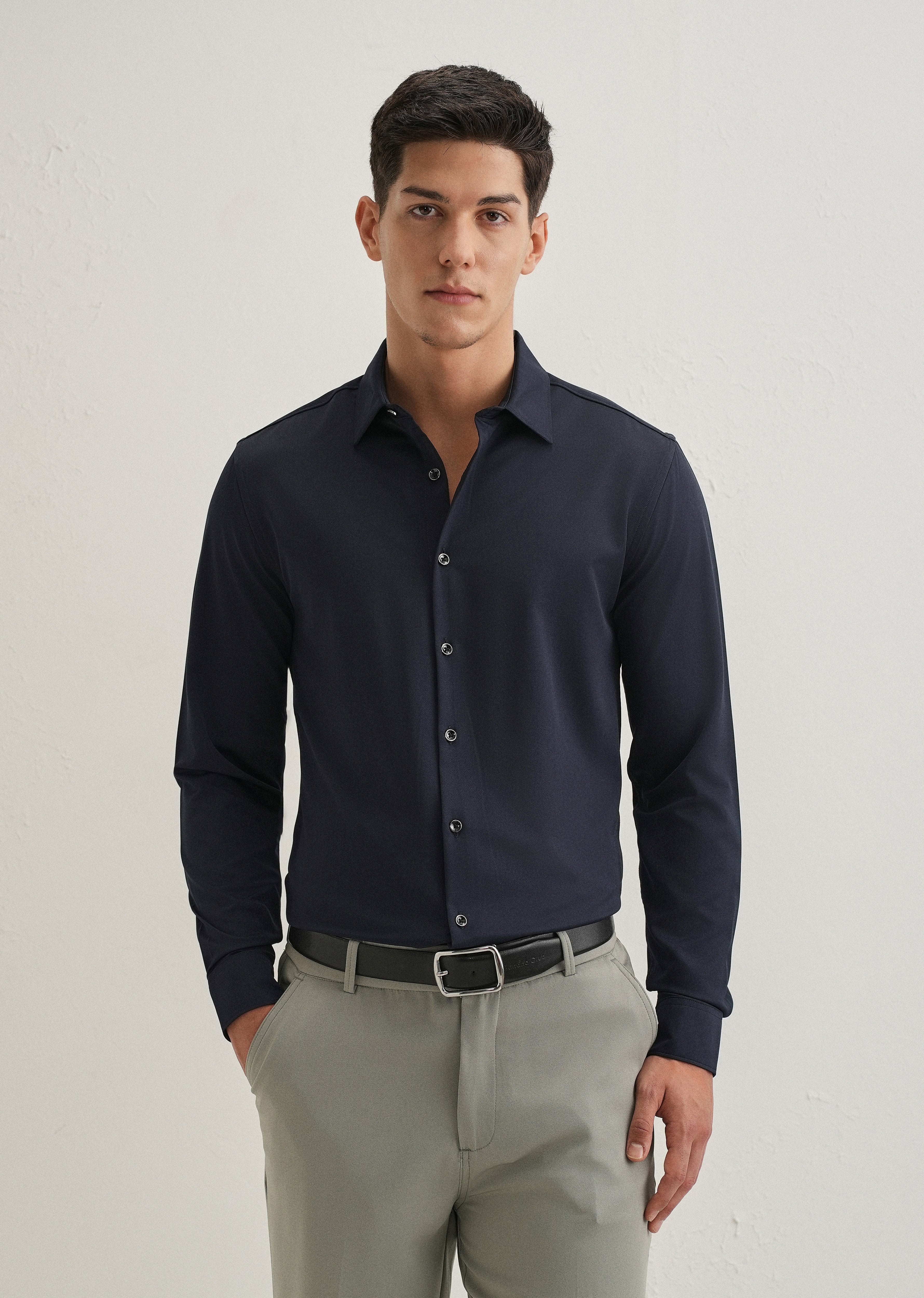 Navy Blue Wrinkle Free Stitchless Placket Shirt