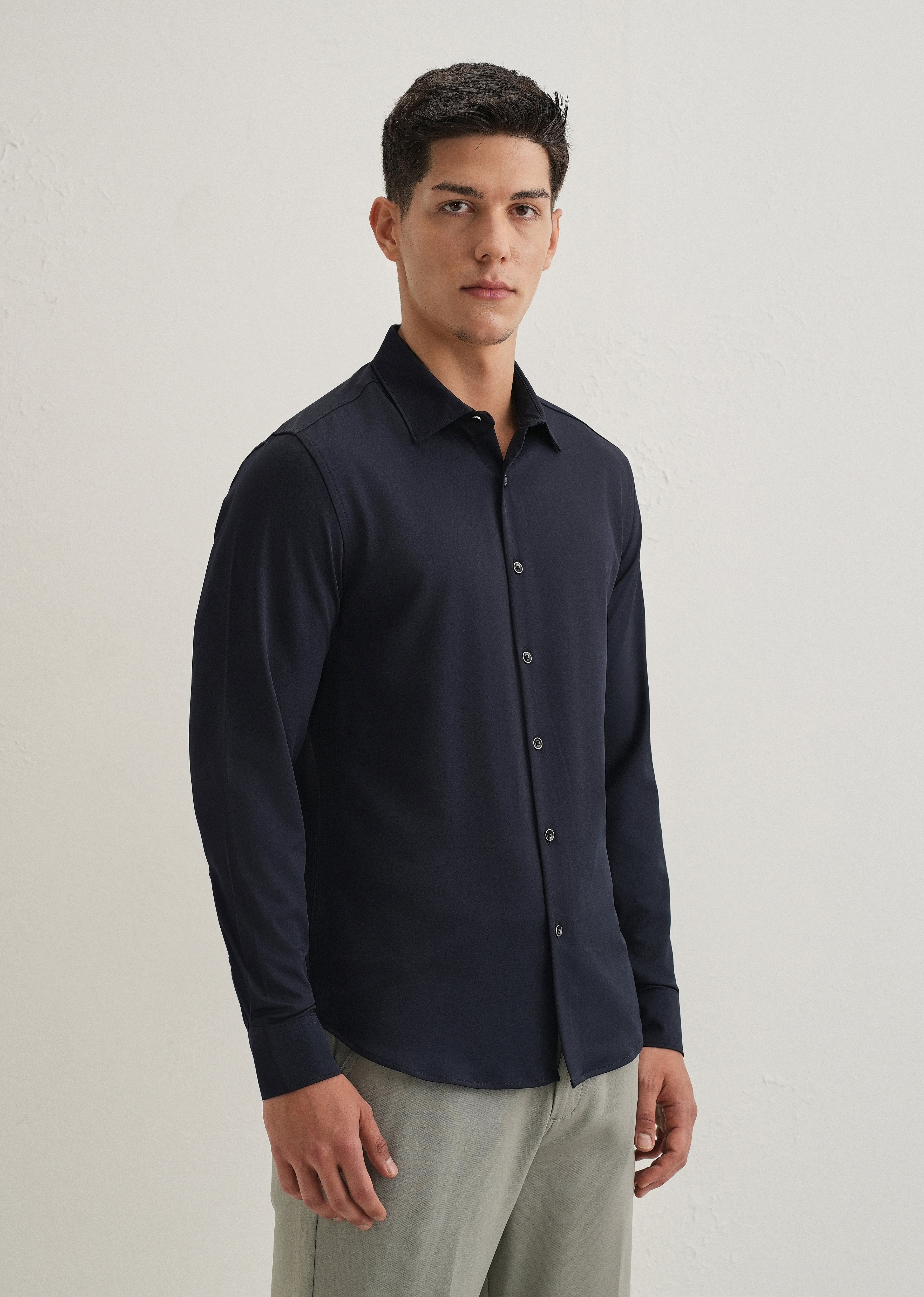Navy Blue Wrinkle Free Stitchless Placket Shirt
