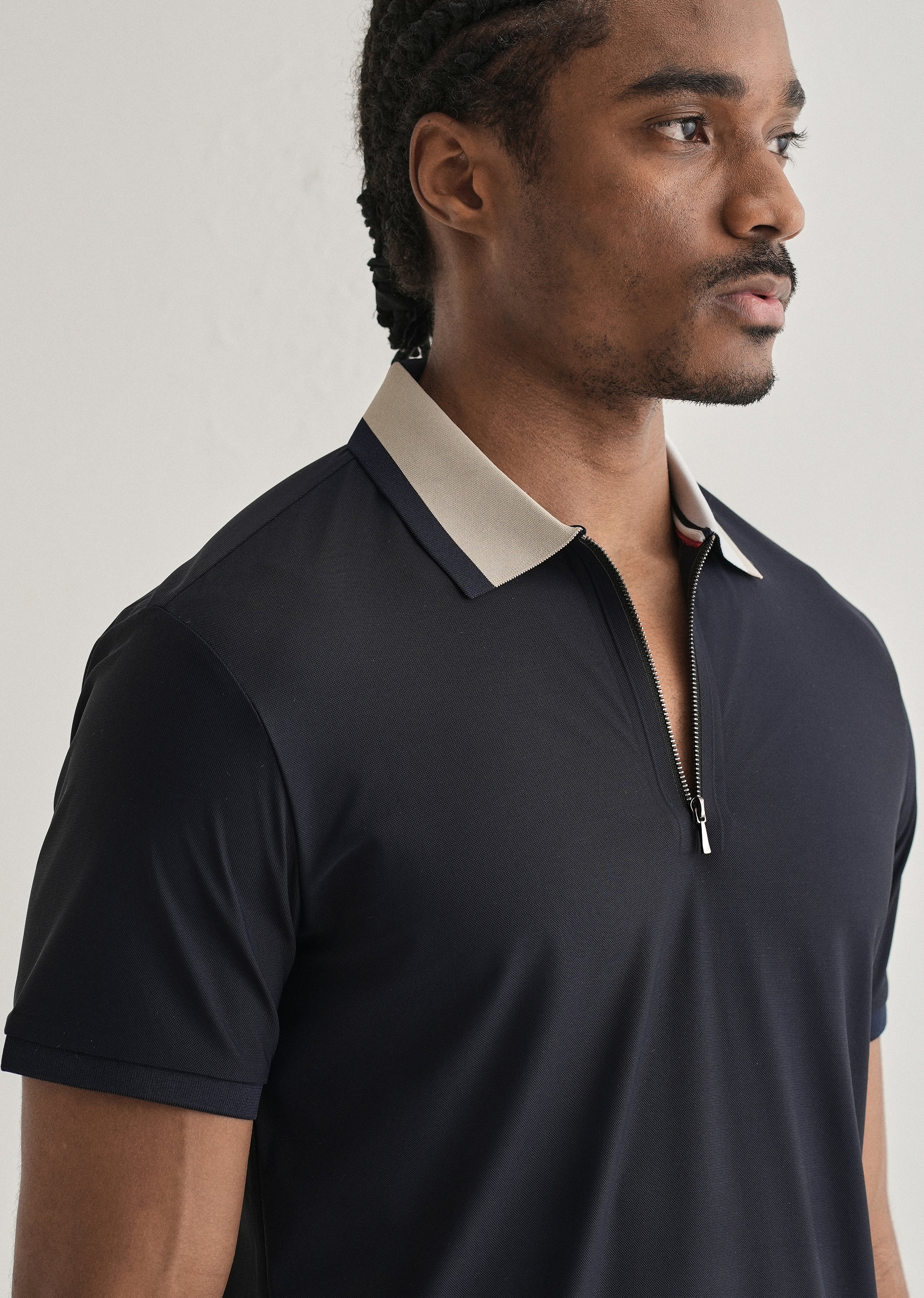 Navy Blue Zipper Polo Collar Seamless T-shirt