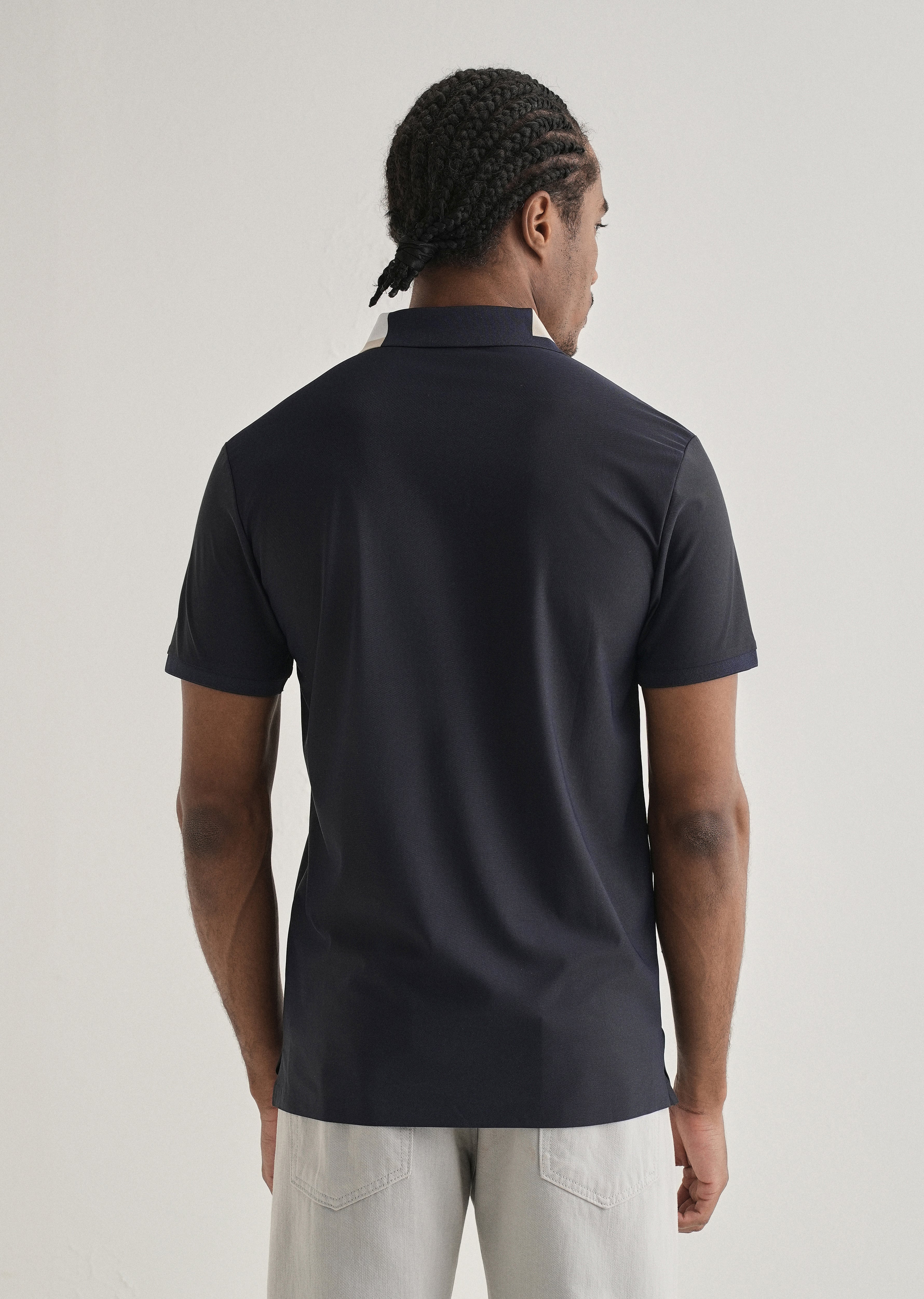 Navy Blue Zipper Polo Collar Seamless T-shirt