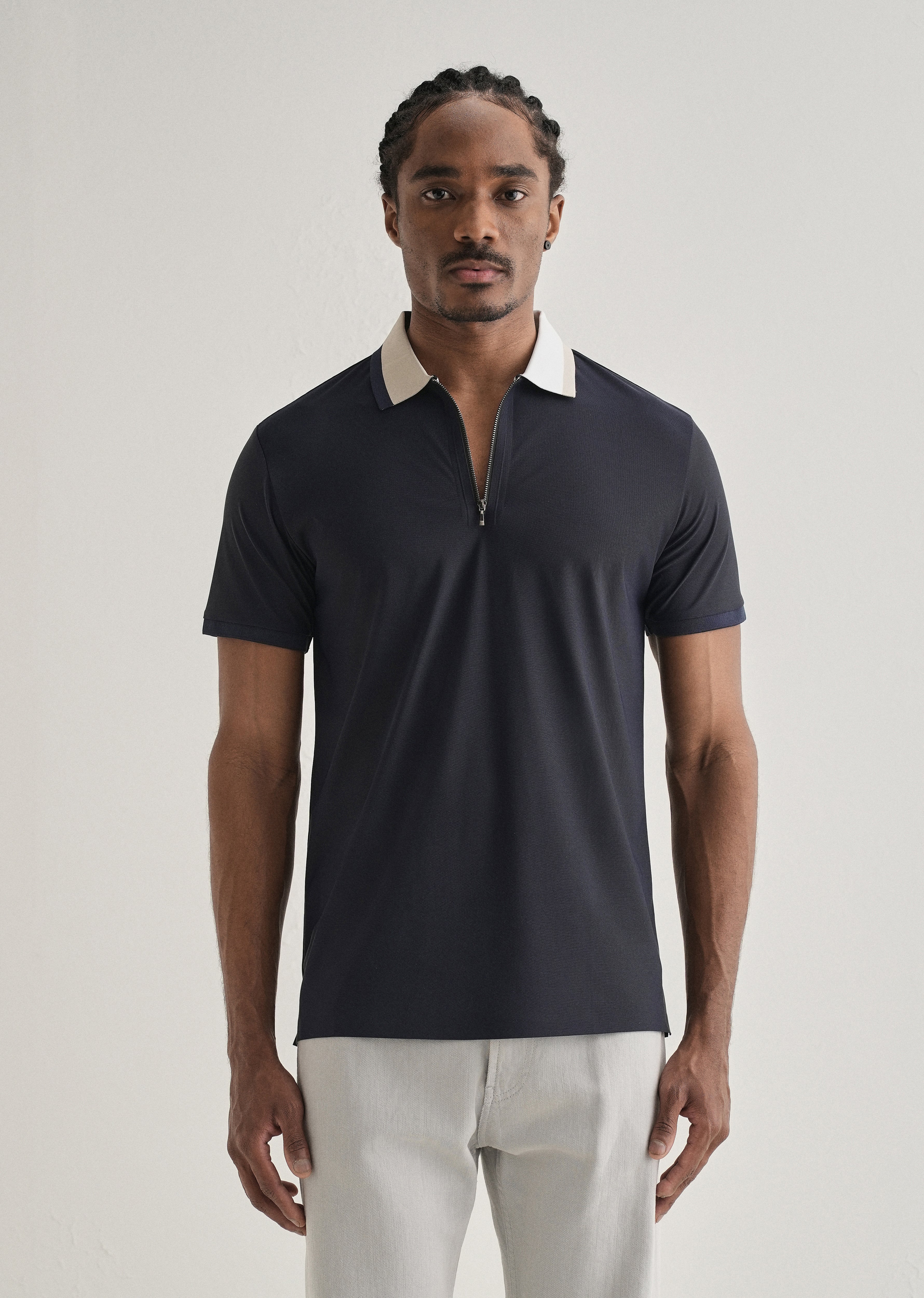 Navy Blue Zipper Polo Collar Seamless T-shirt