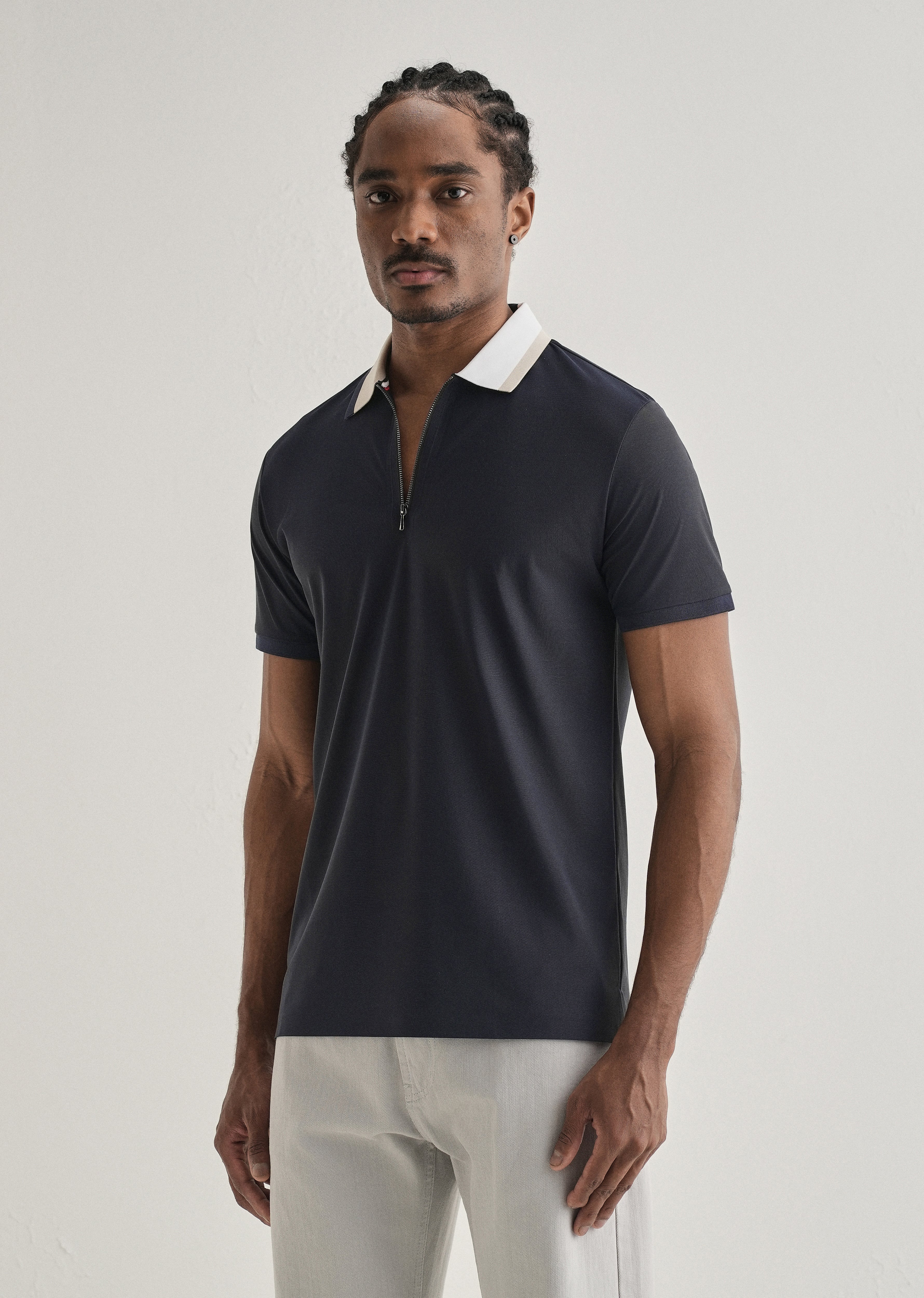 Navy Blue Zipper Polo Collar Seamless T-shirt
