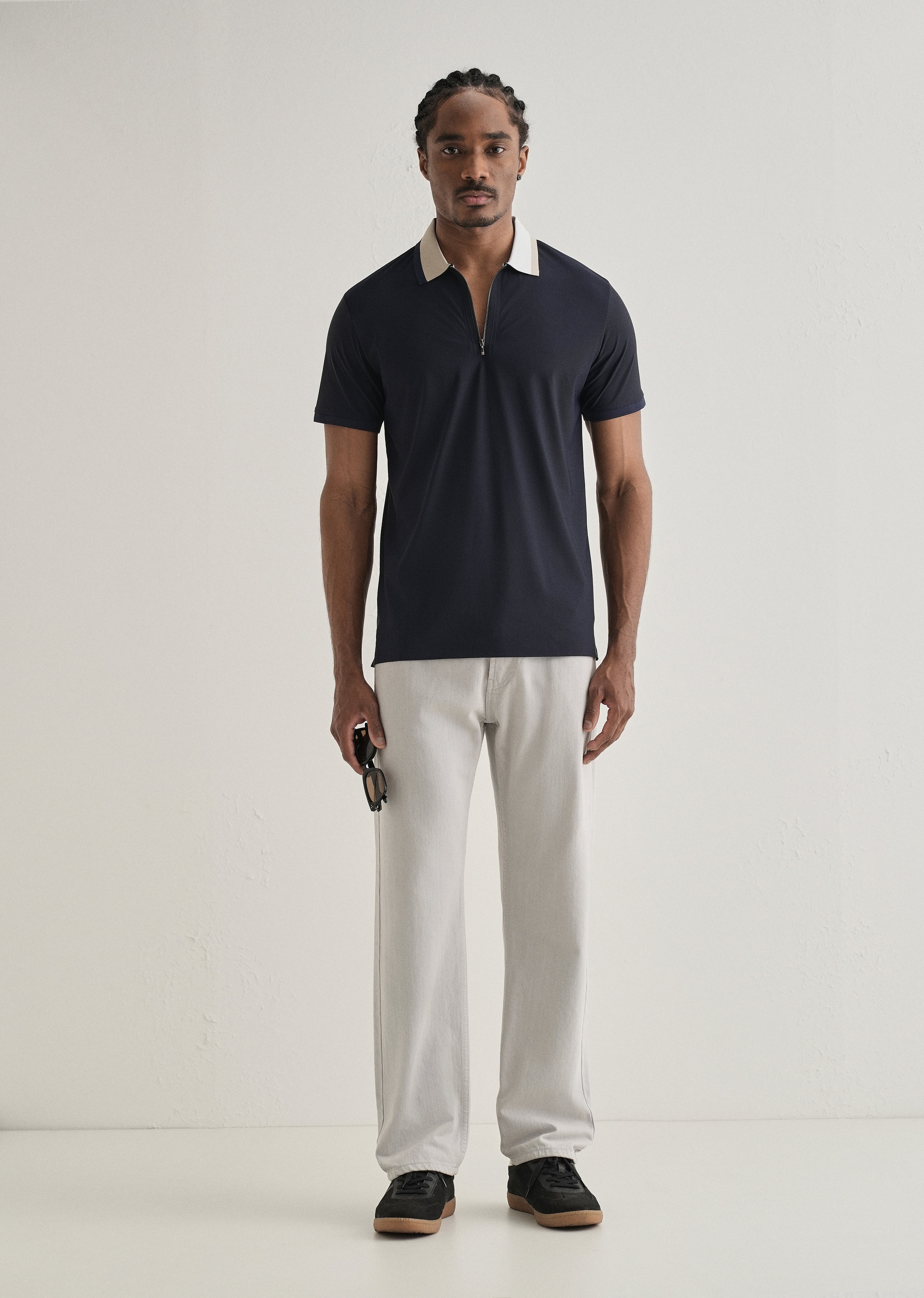 Navy Blue Zipper Polo Collar Seamless T-shirt