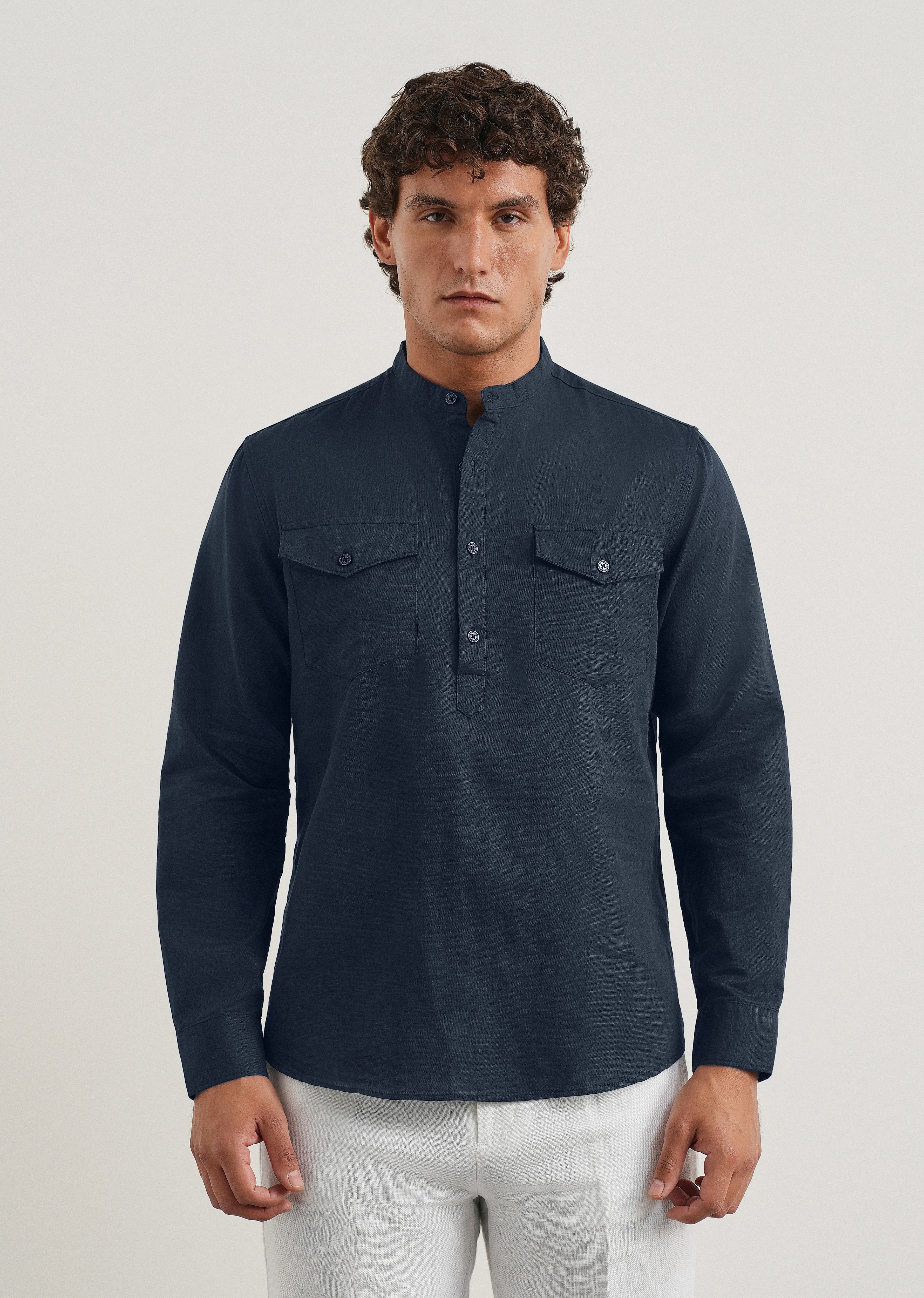Navy Cotton Linen Short Kurta