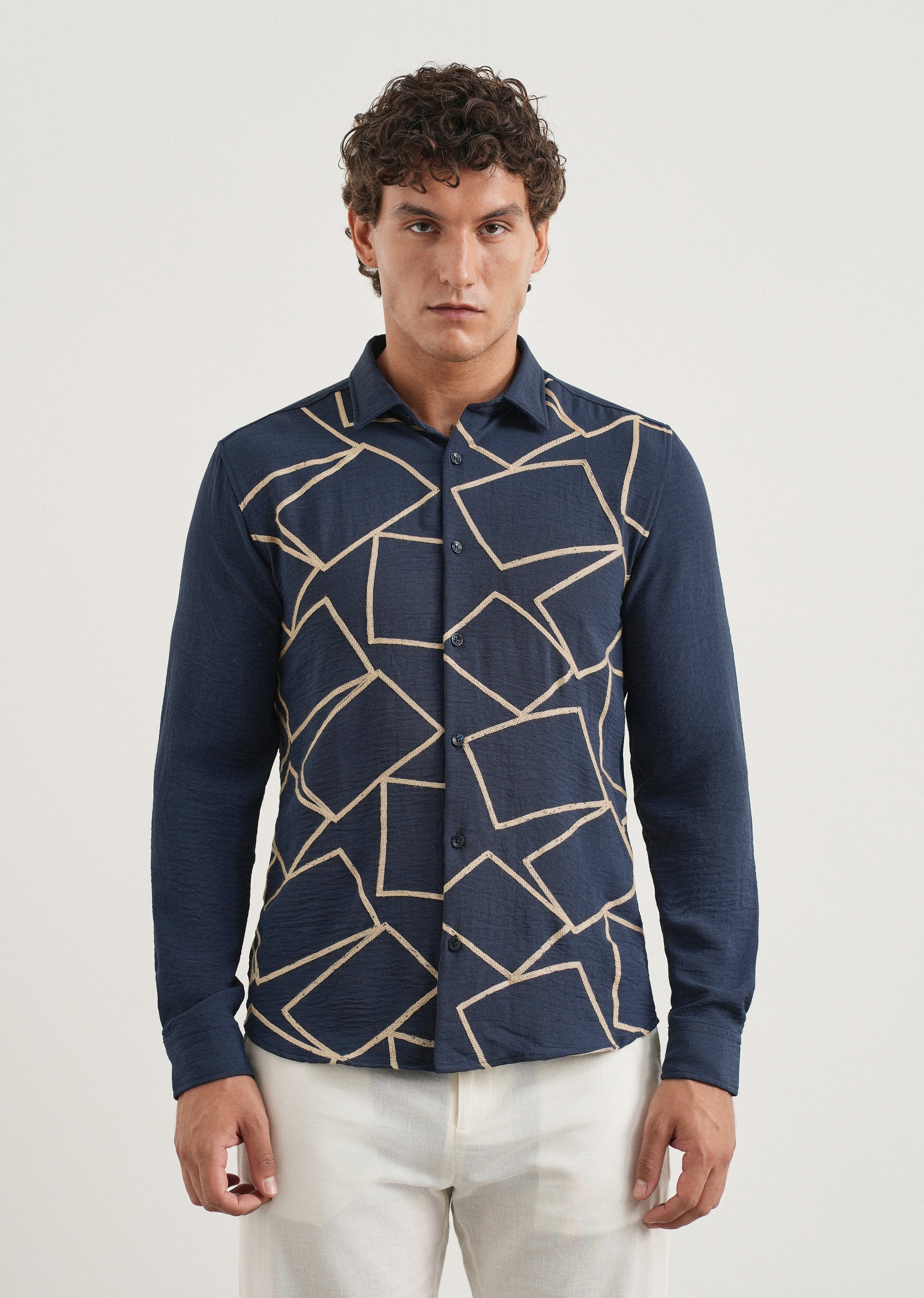 Navy Geometric Embroidered Shirt