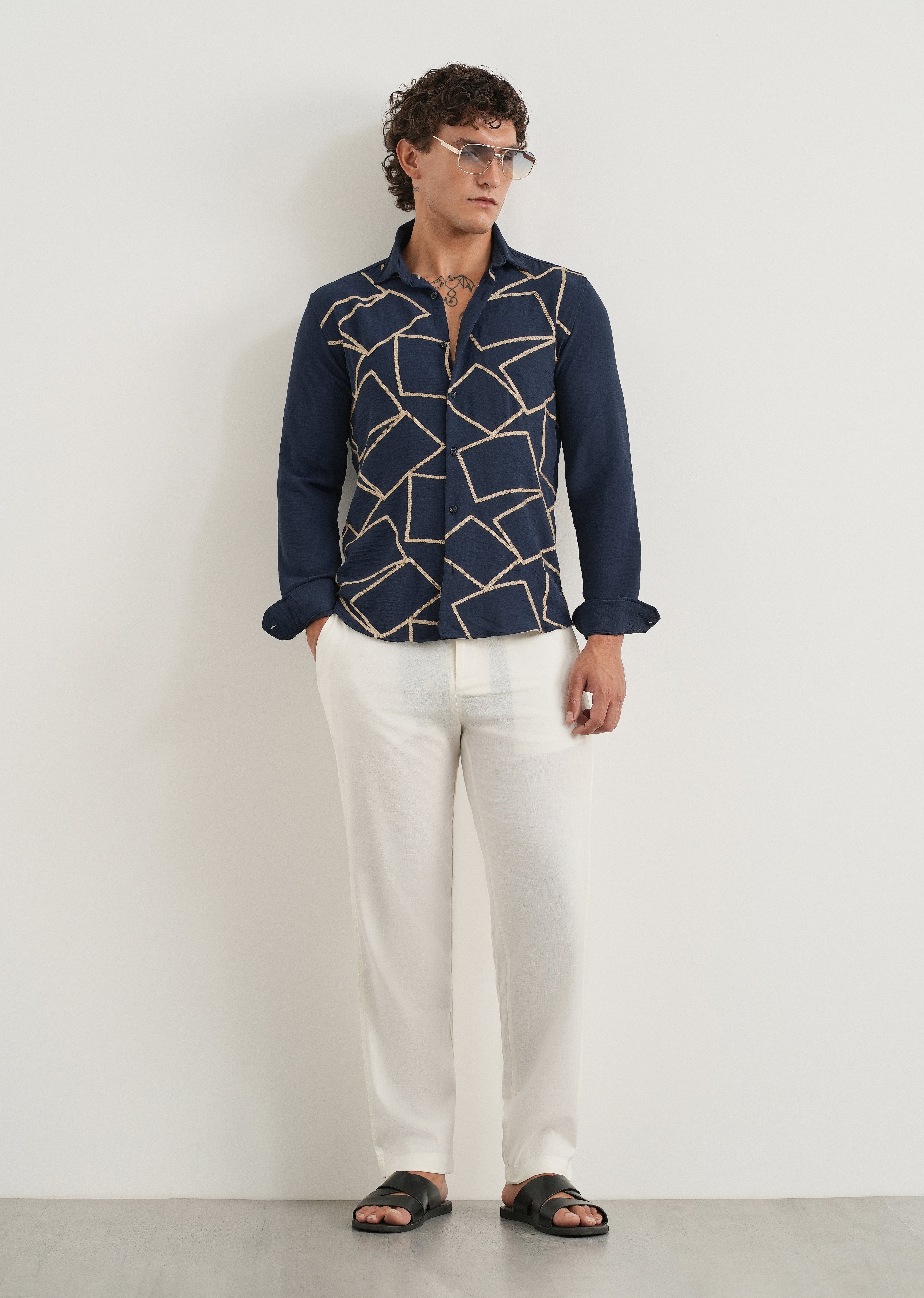 Navy Geometric Embroidered Shirt