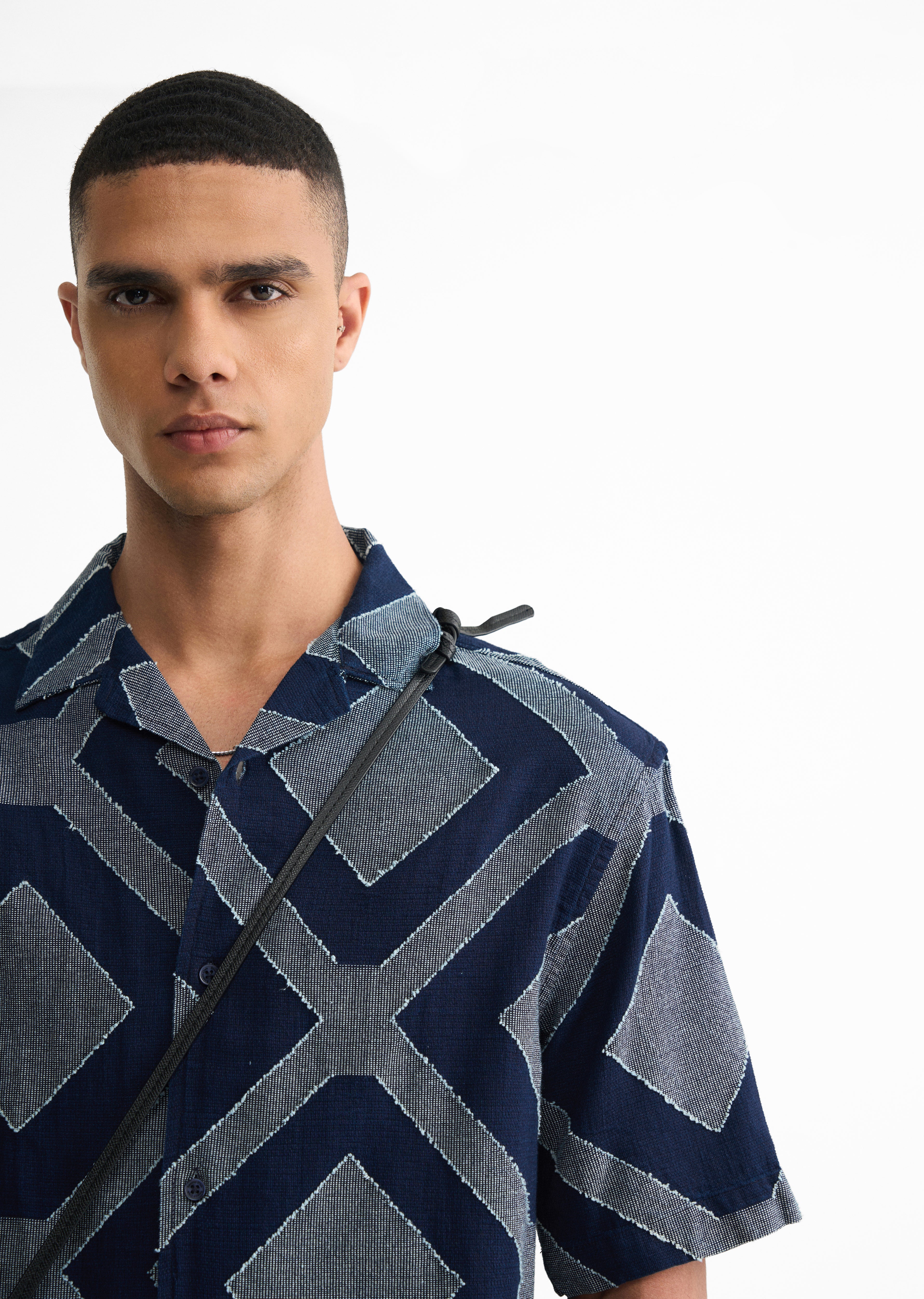 Navy Geometric Jacquard Boxy Shirt