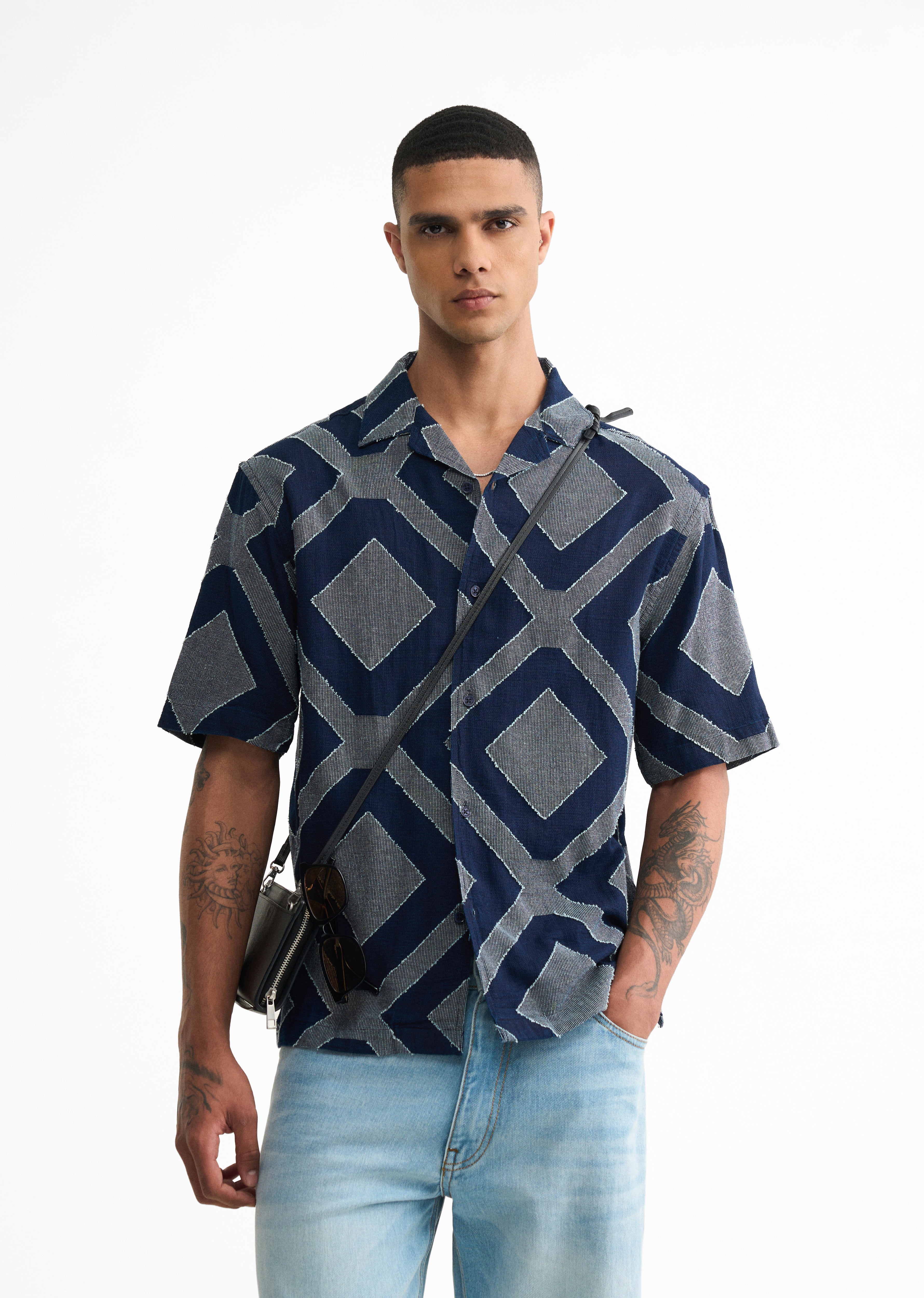Navy Geometric Jacquard Boxy Shirt