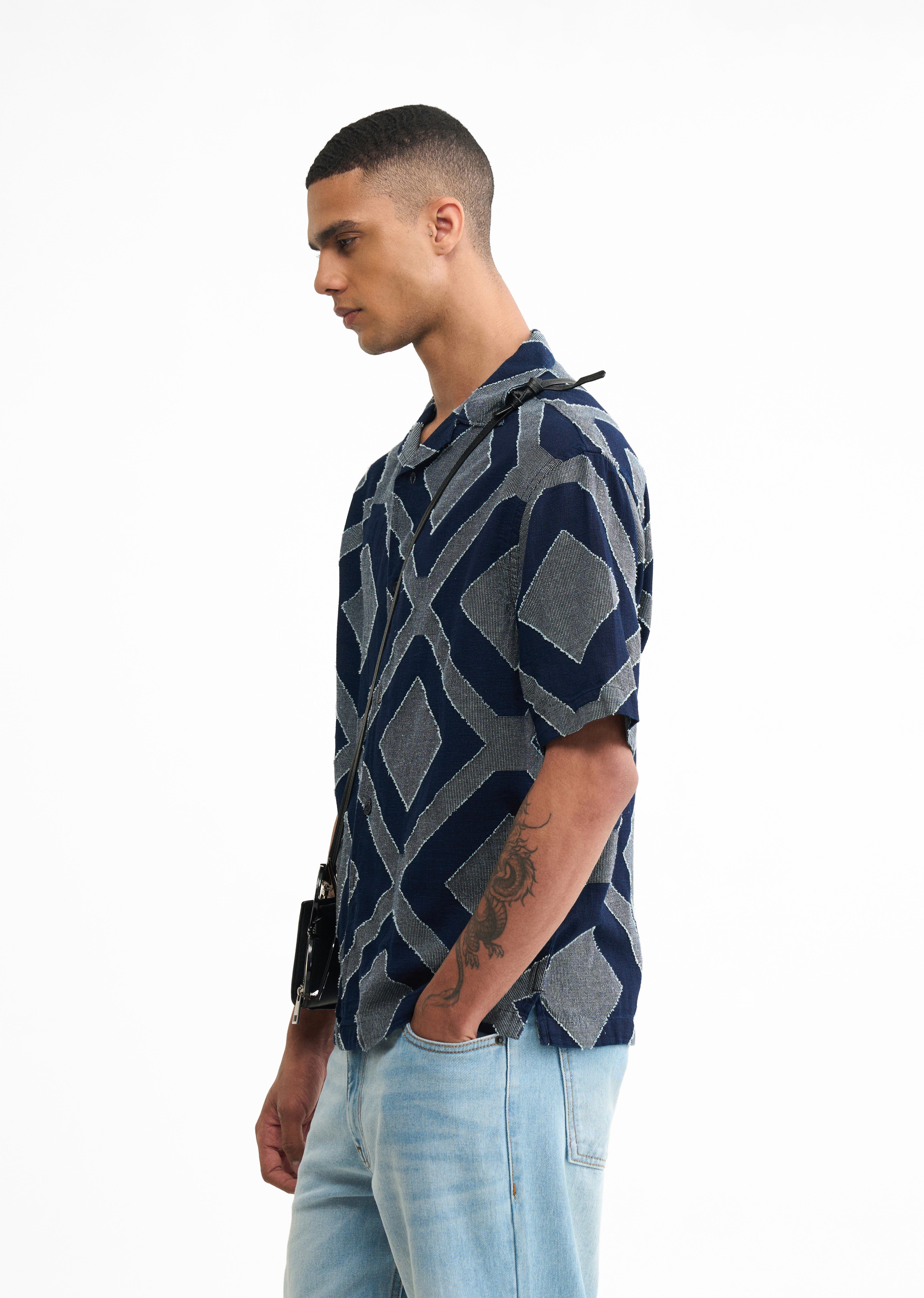 Navy Geometric Jacquard Boxy Shirt