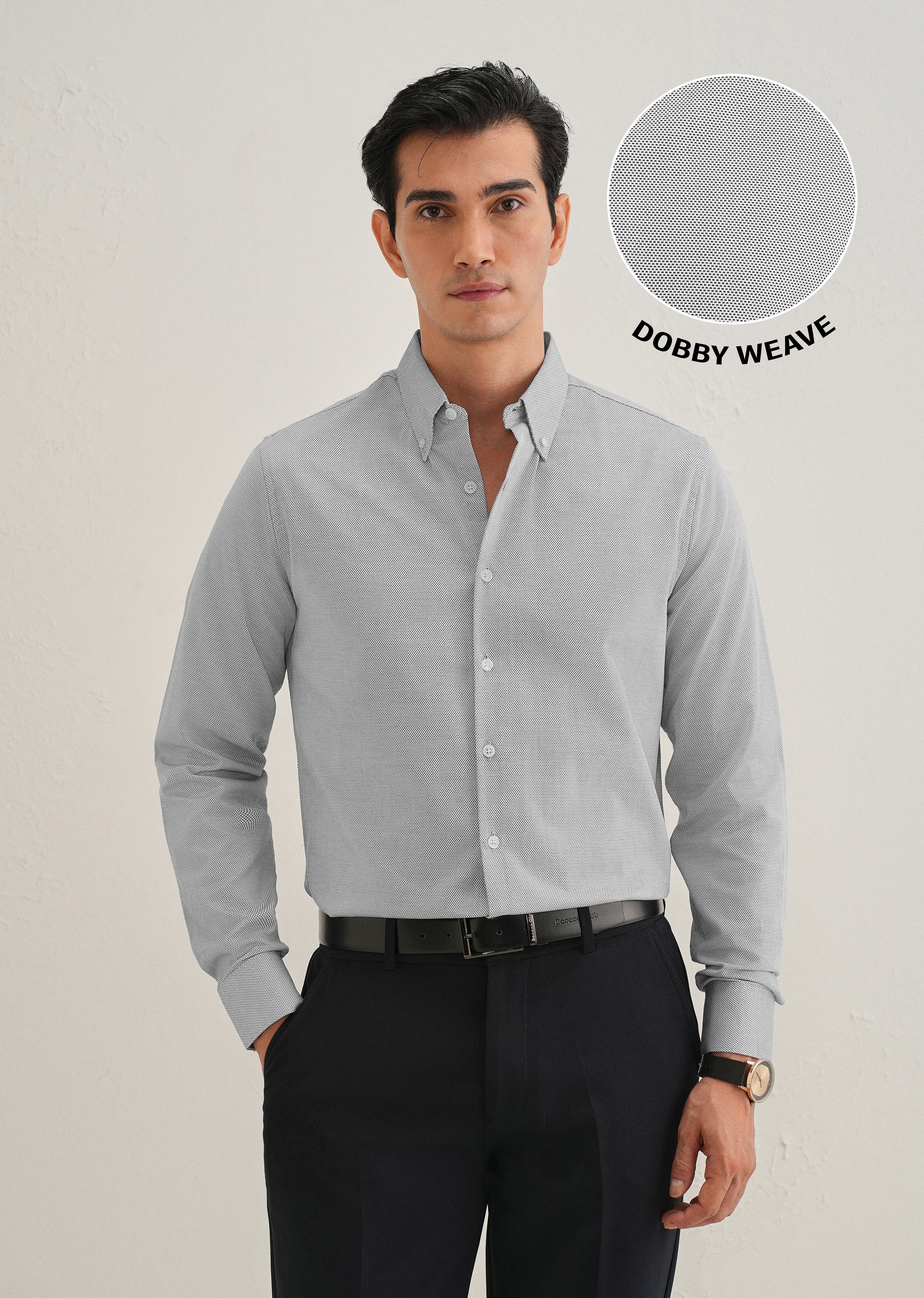 Navy Blue Micro-Dobby Cotton Shirt