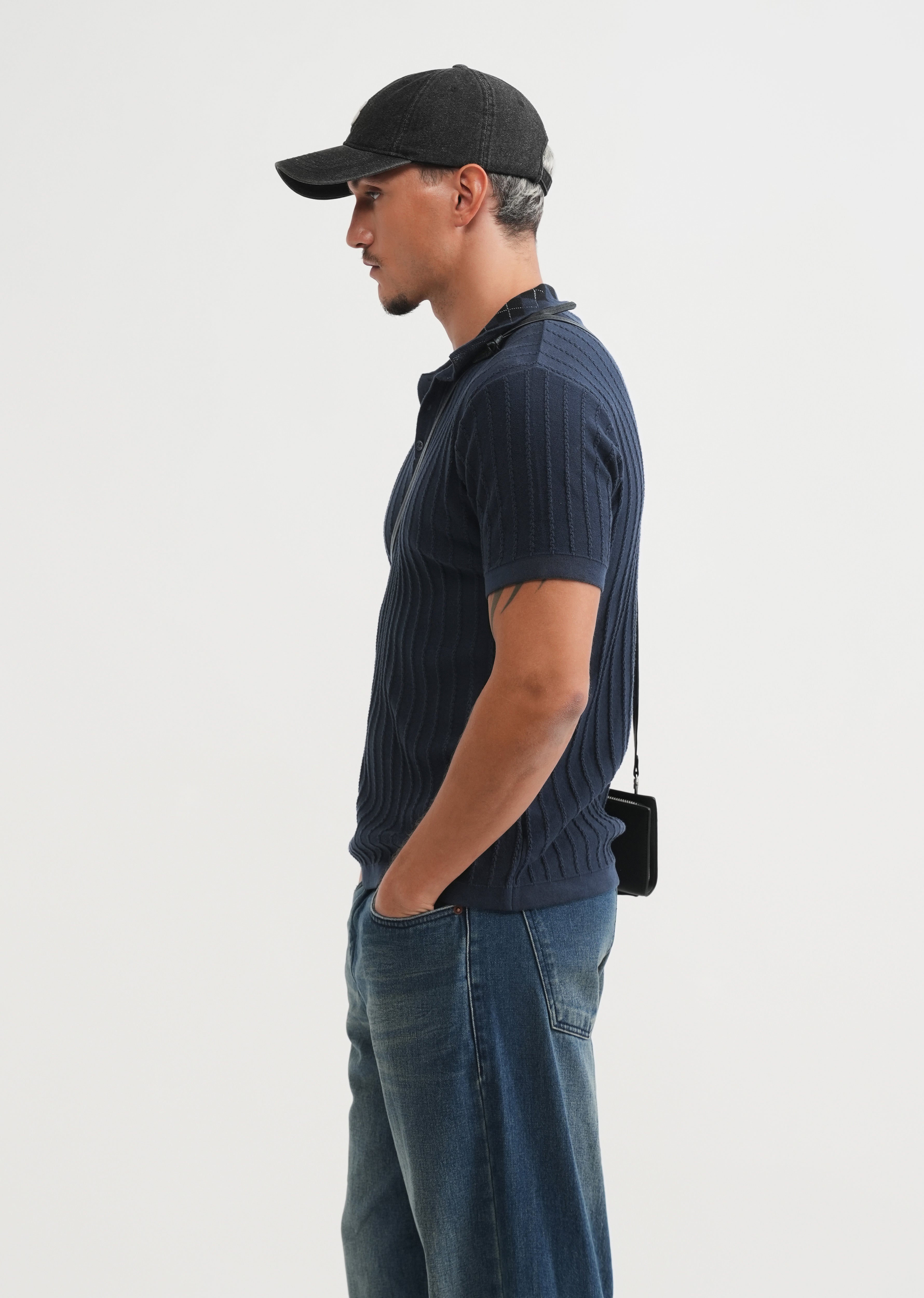 Navy Textured Knitted Polo