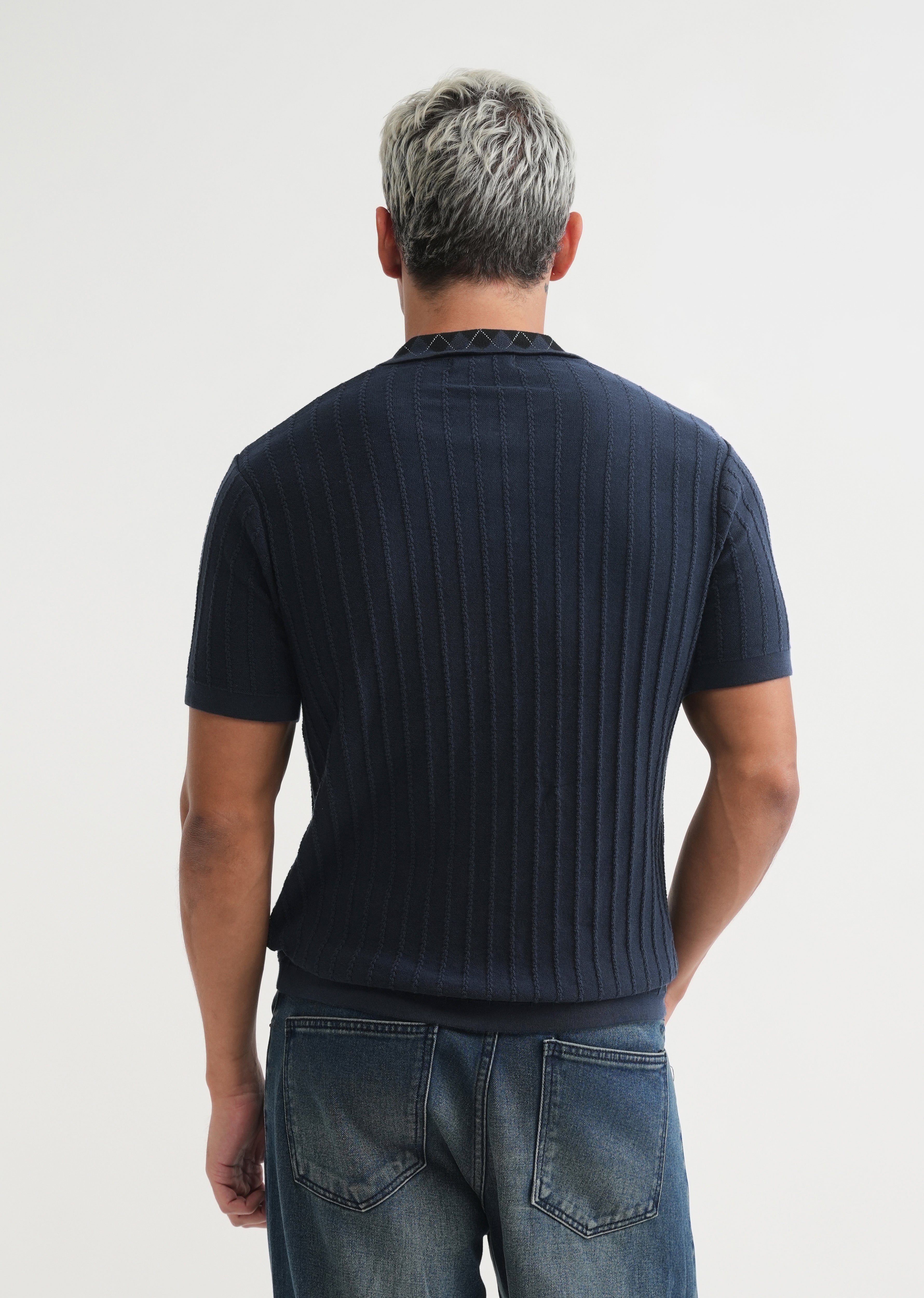 Navy Textured Knitted Polo