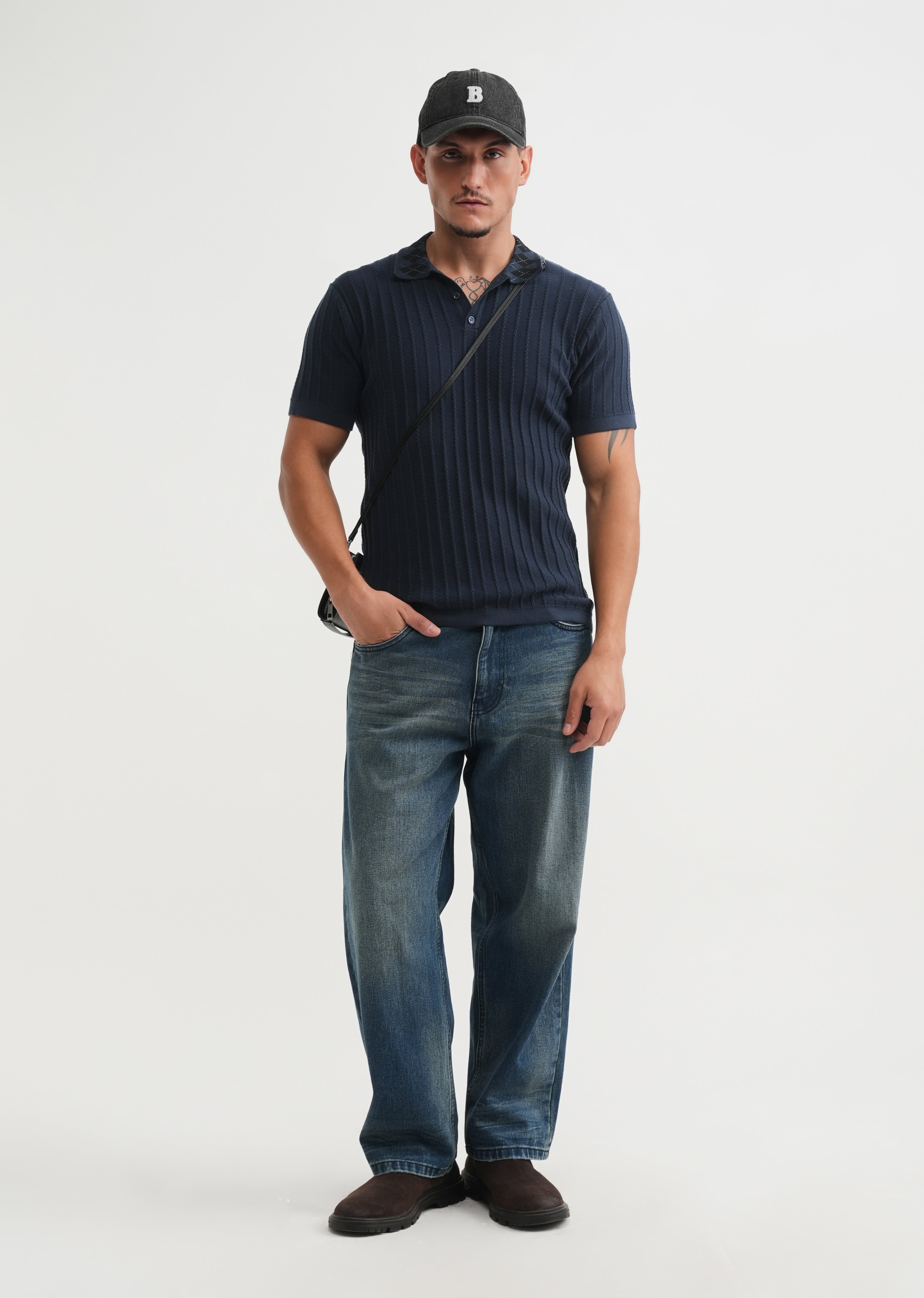 Navy Textured Knitted Polo