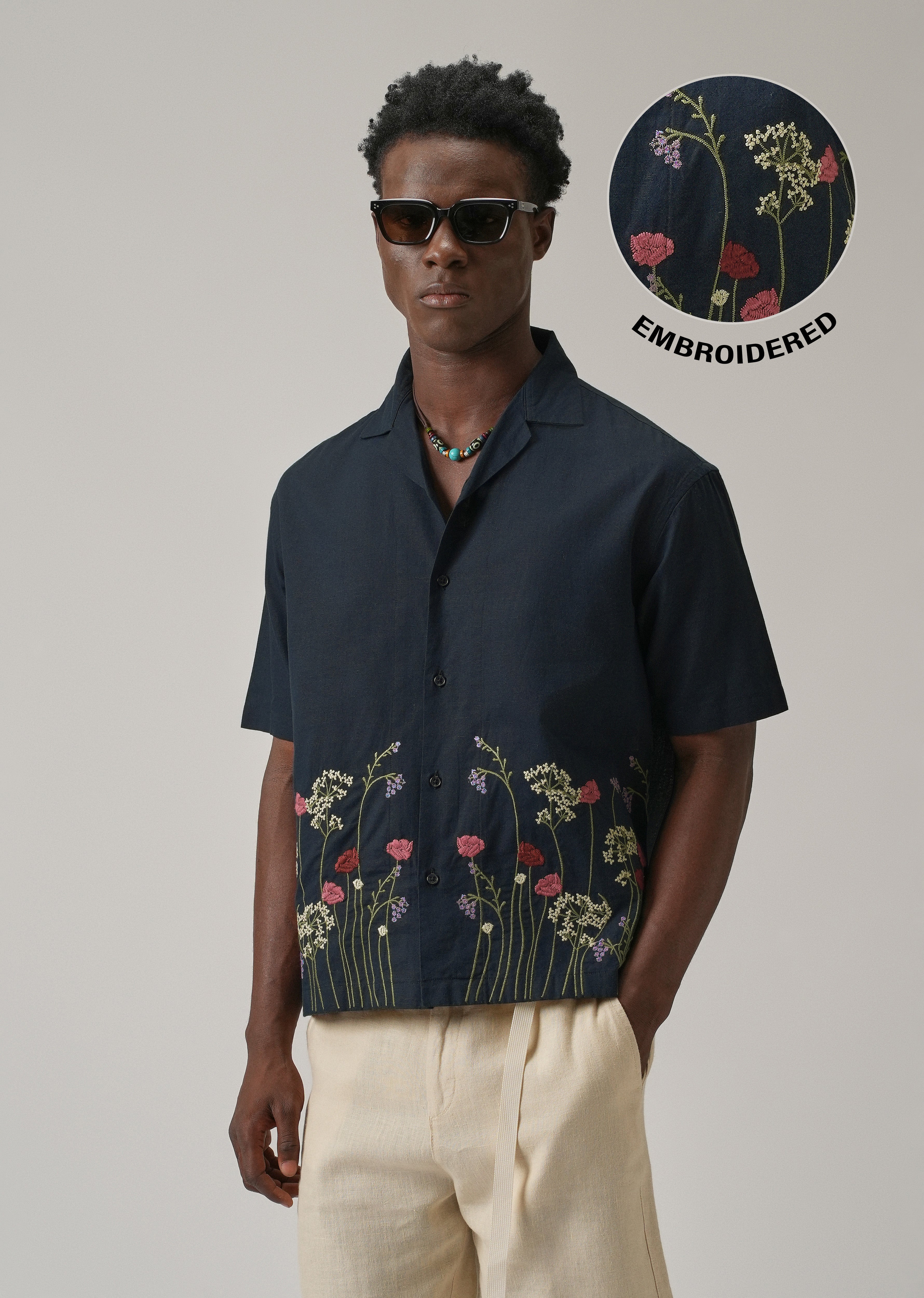 Navy Blue Floral Embroidery Linen Shirt