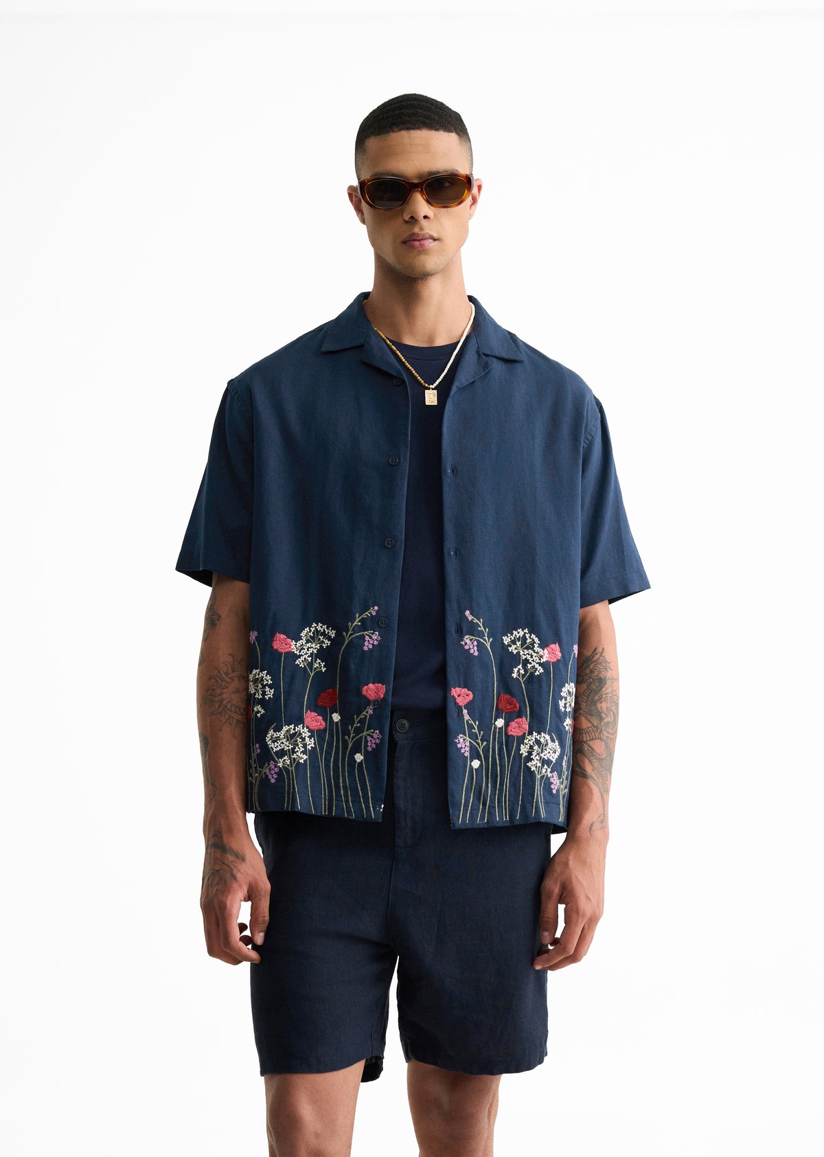 Navy Blue Floral Embroidery Linen Shirt