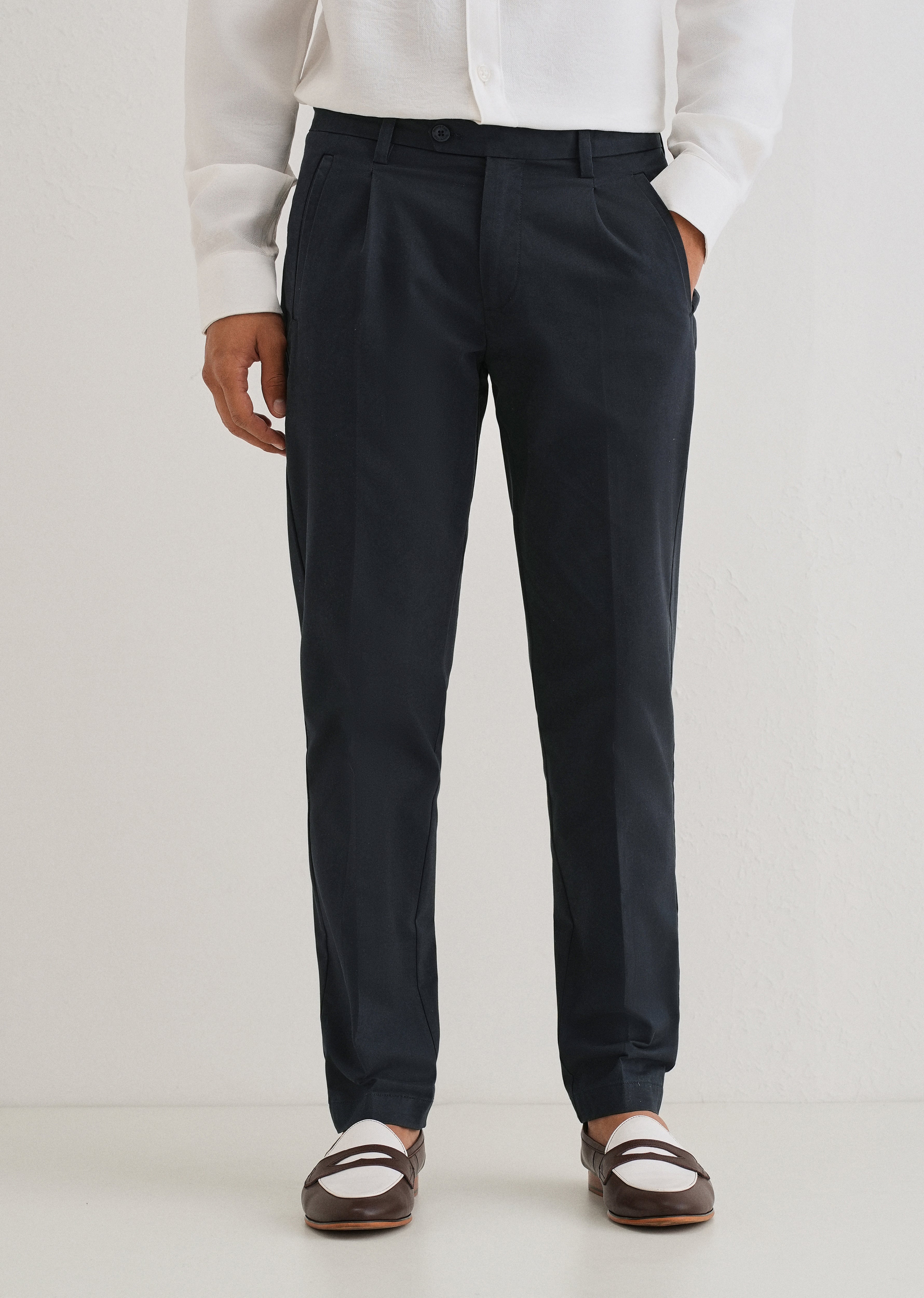 Navy Blue Plain Pleated Chinos