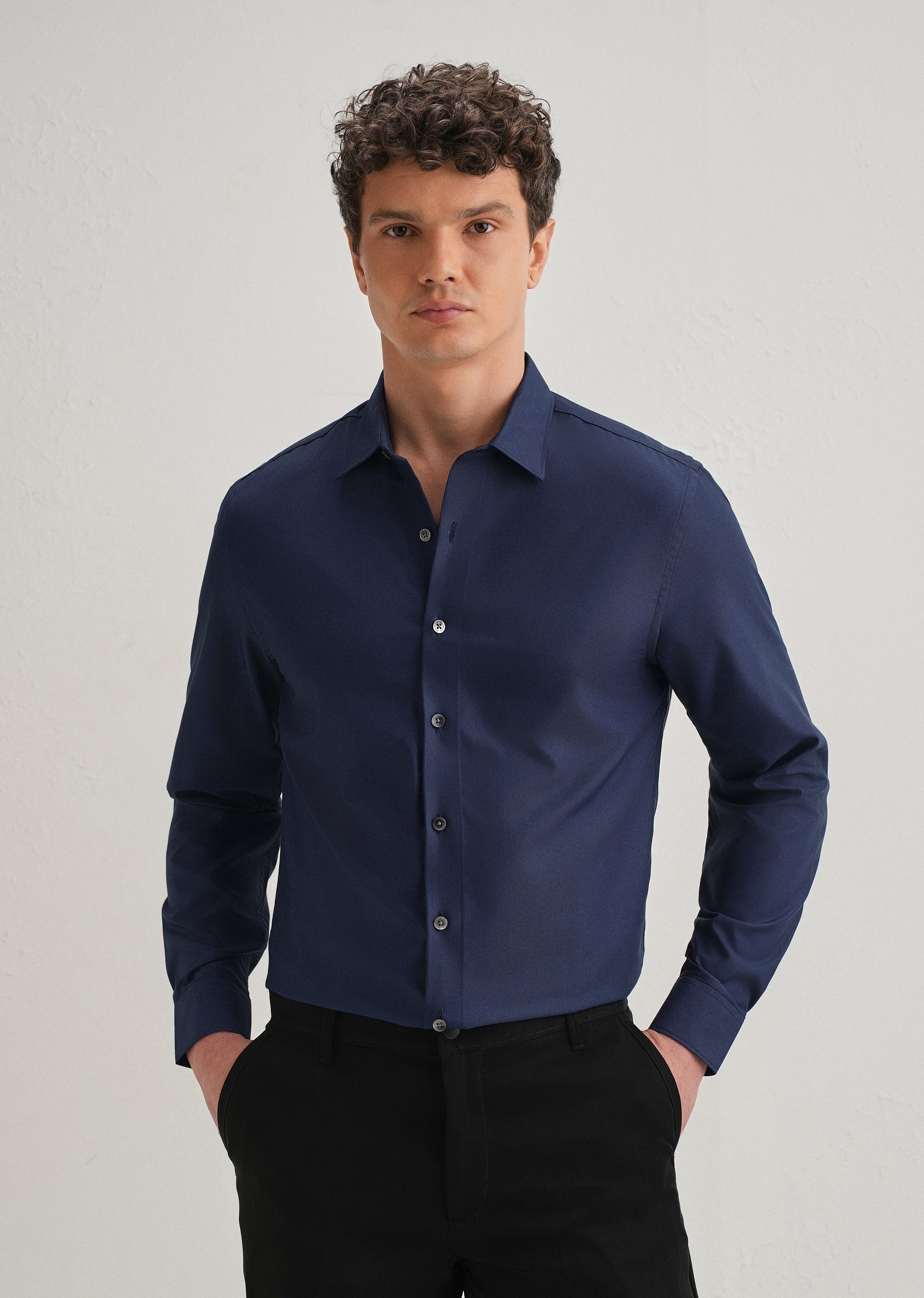 Navy Blue Stitchless Placket Plain Shirt