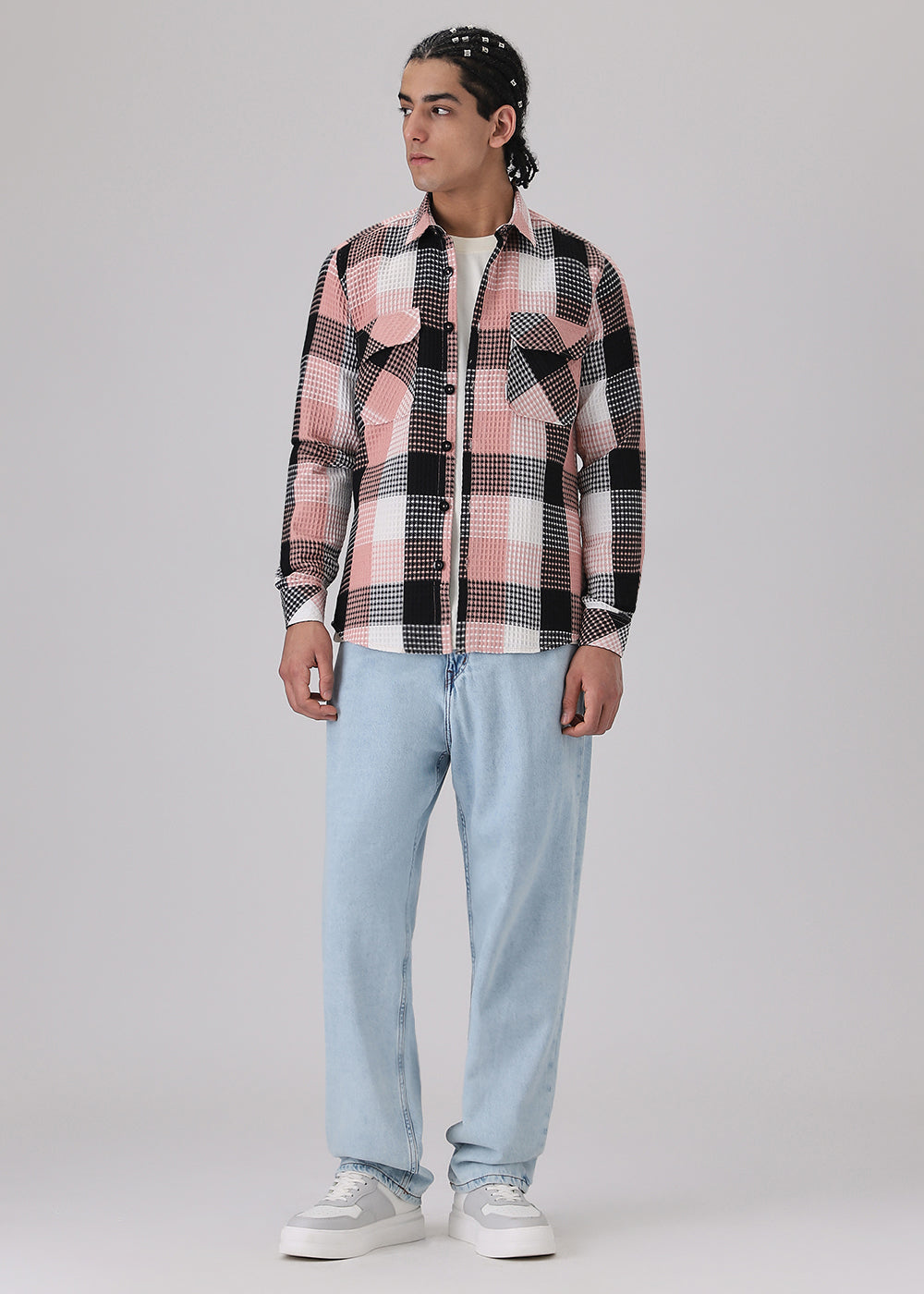 Peach Waffle Plaid Check Shirt