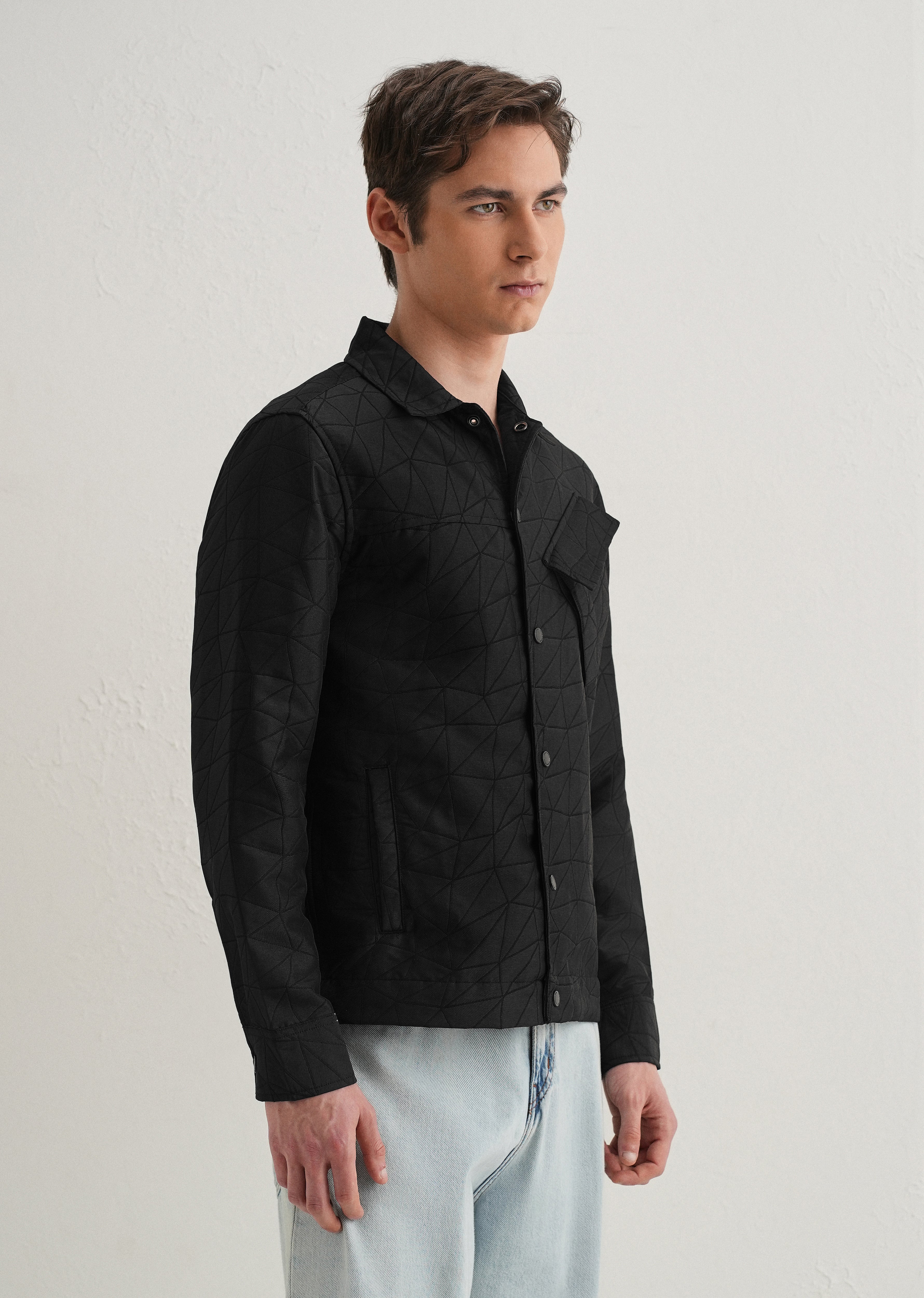 Noir Black Cross Pocket Self Pattern Shacket