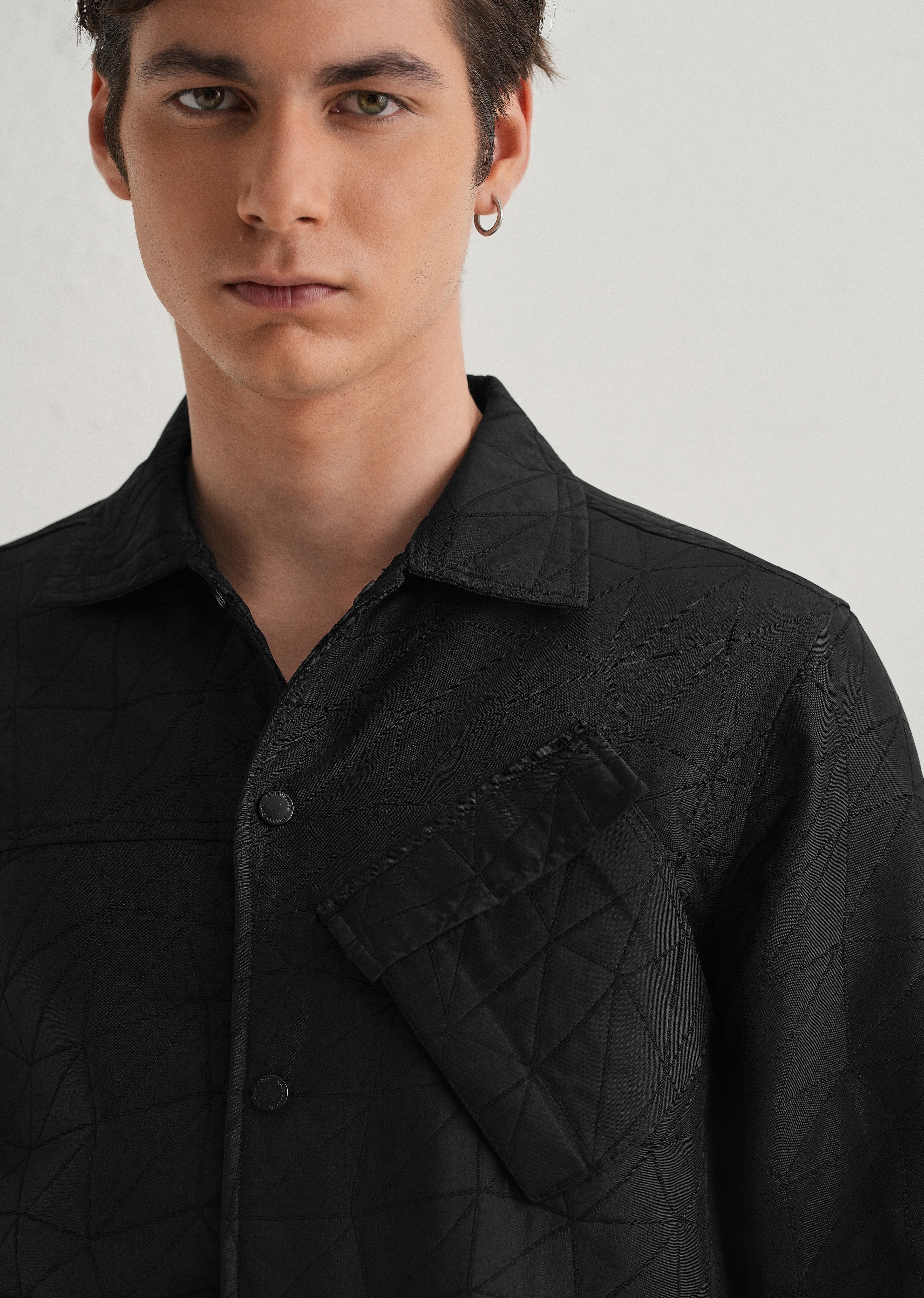 Noir Black Cross Pocket Self Pattern Shacket