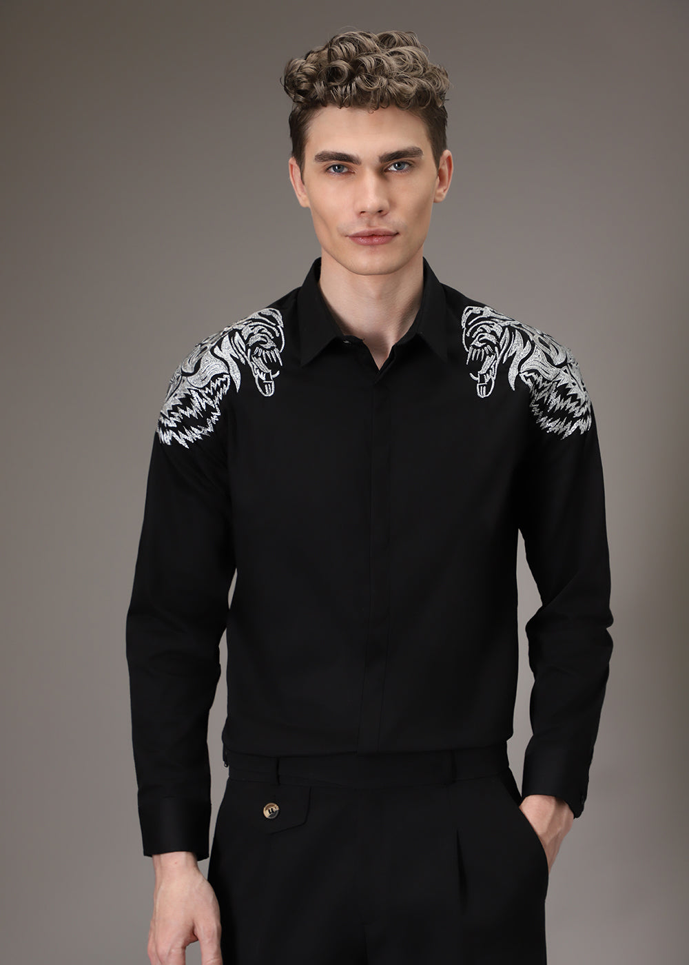 Noire Lion Embroidery Designer Shirt