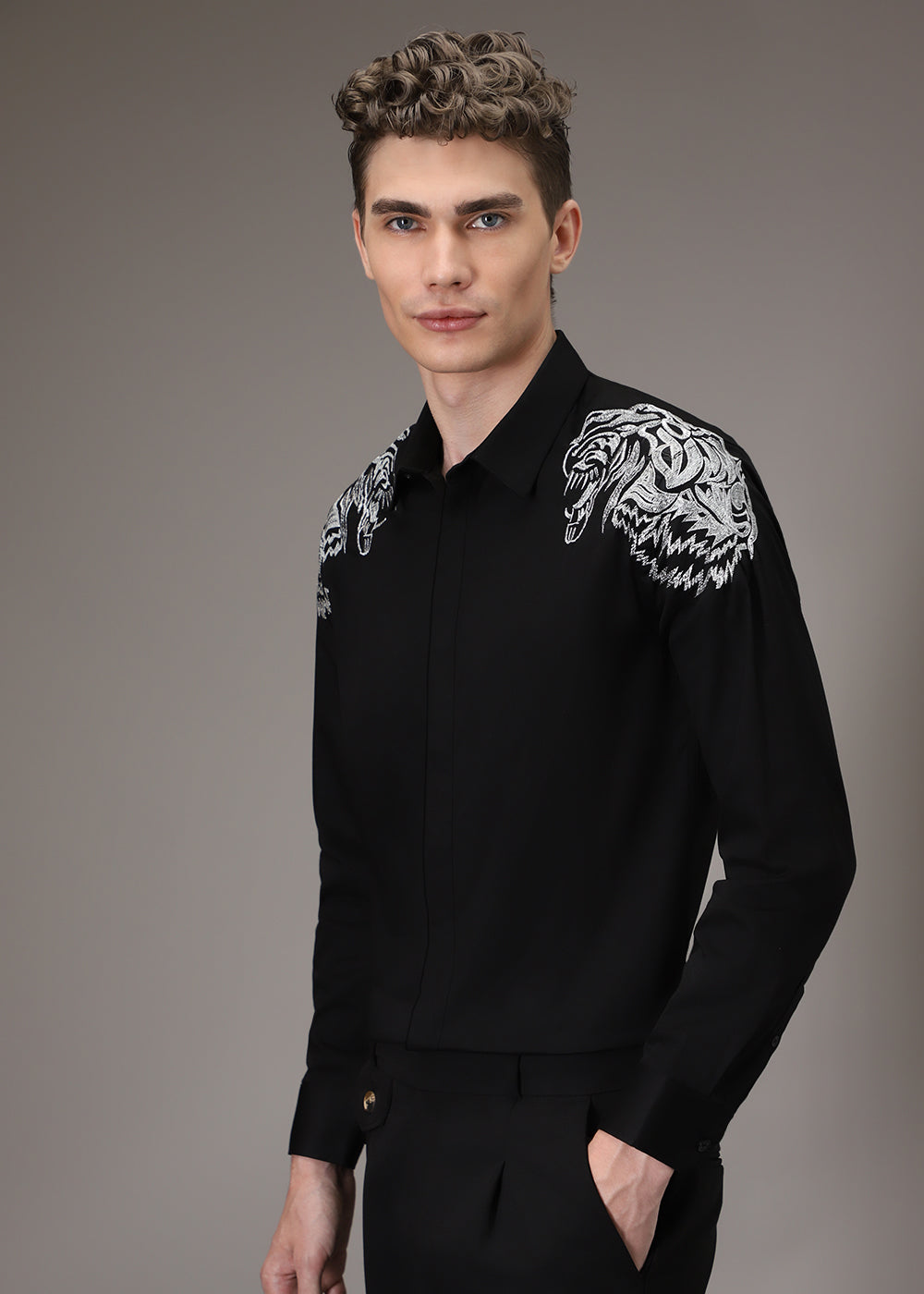 Noire Lion Embroidery Designer Shirt